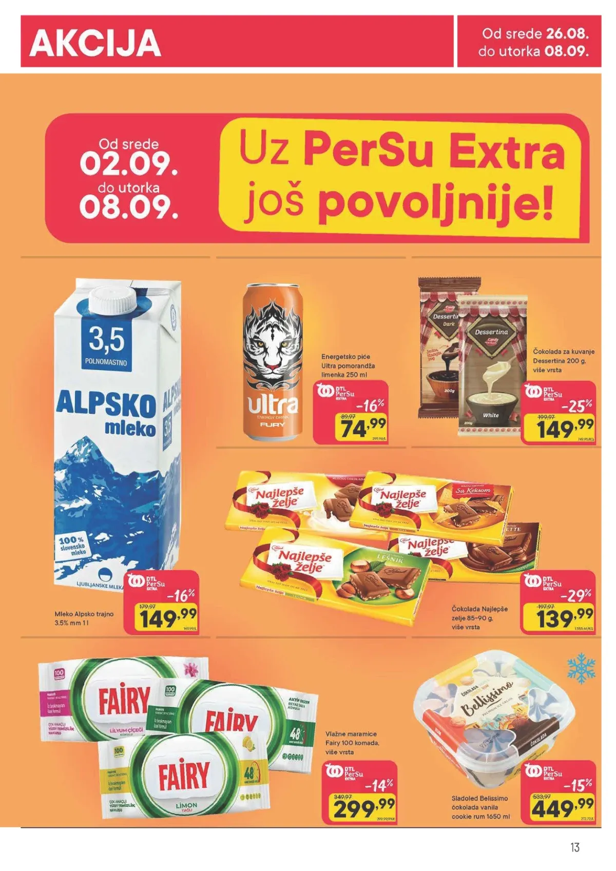 PerSu katalog strana 13 – Alpsko mleko i Fairy deterdžent u PerSu Extra ponudi