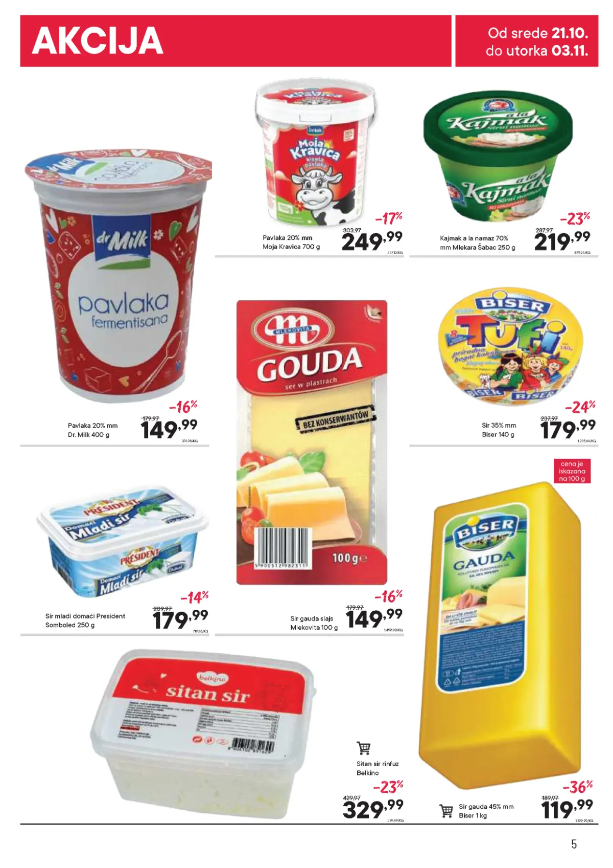 PerSu katalog strana 5 – pavlaka, kajmak i sirevi Biser, President, Mlekovita i Belkino na akciji
