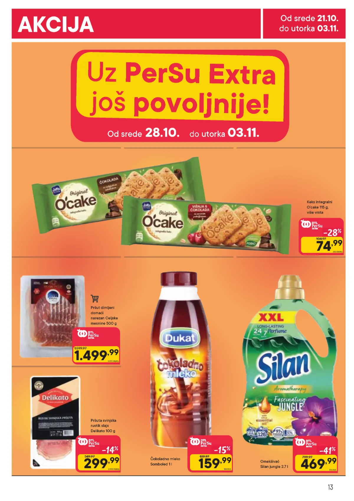 PerSu katalog strana 13 – PerSu Extra akcija od 28. oktobra do 3. novembra, Silan, pršuta, čokoladno mleko i keks