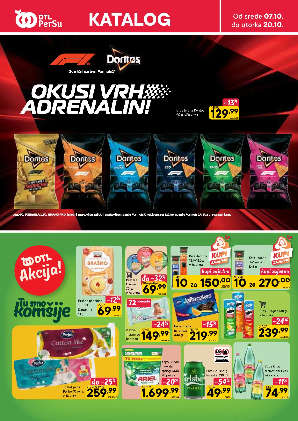 DTL PerSu katalog 07–20.10.2026. – Doritos, Carnex pašteta, Danubius brašno, Jacobs kafa, Perfex papir i Ariel kapsule na akciji