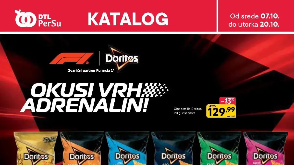DTL PerSu katalog 07–20.10.2026. – Doritos, Carnex pašteta, Danubius brašno, Jacobs kafa i Ariel kapsule na akciji