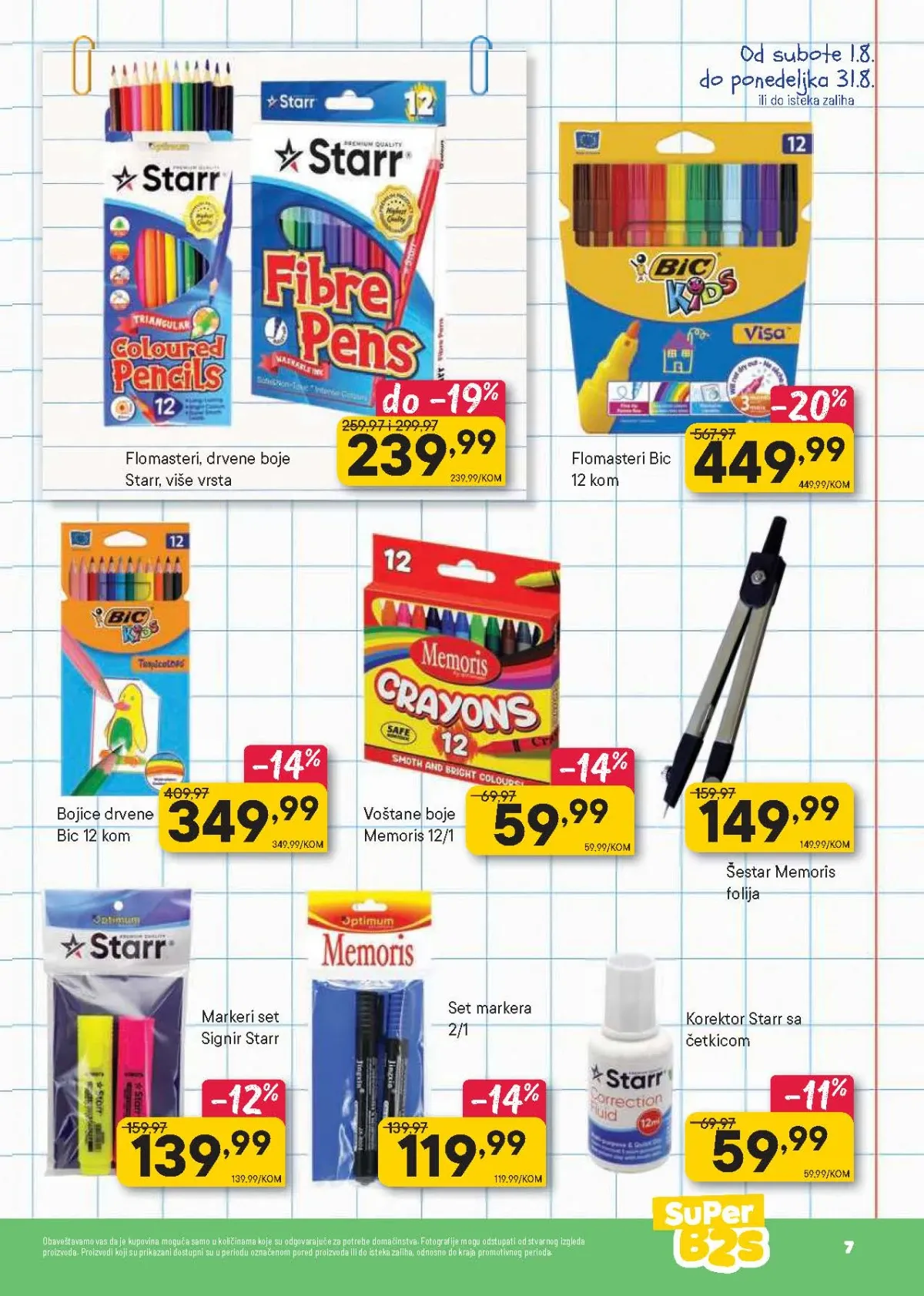 PerSu Back to School katalog strana 7 donosi flomastere, drvene bojice, voštane boje, markere, korektore i šestar za školu