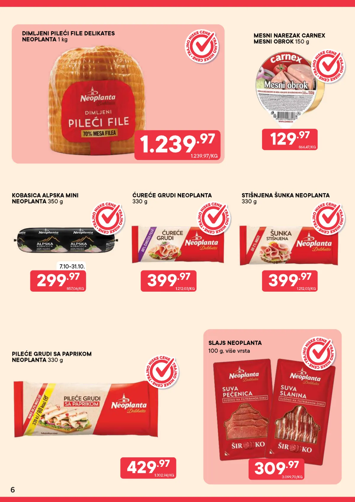PerSu katalog strana 6 – Neoplanta dimljeni pileći file, kobasice, ćureće grudi, šunka i Carnex narezak