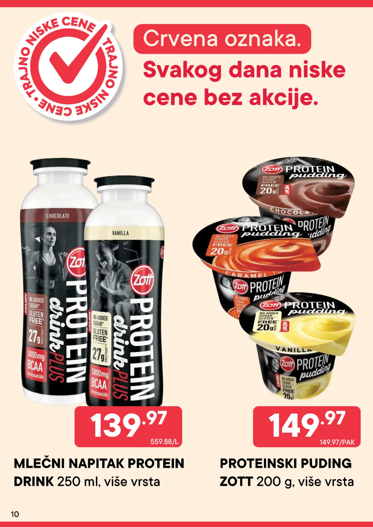 PerSu katalog strana 10 – Zott proteinski napitak 250 ml za 139,97 dinara i proteinski puding 200 g za 149,97 dinara