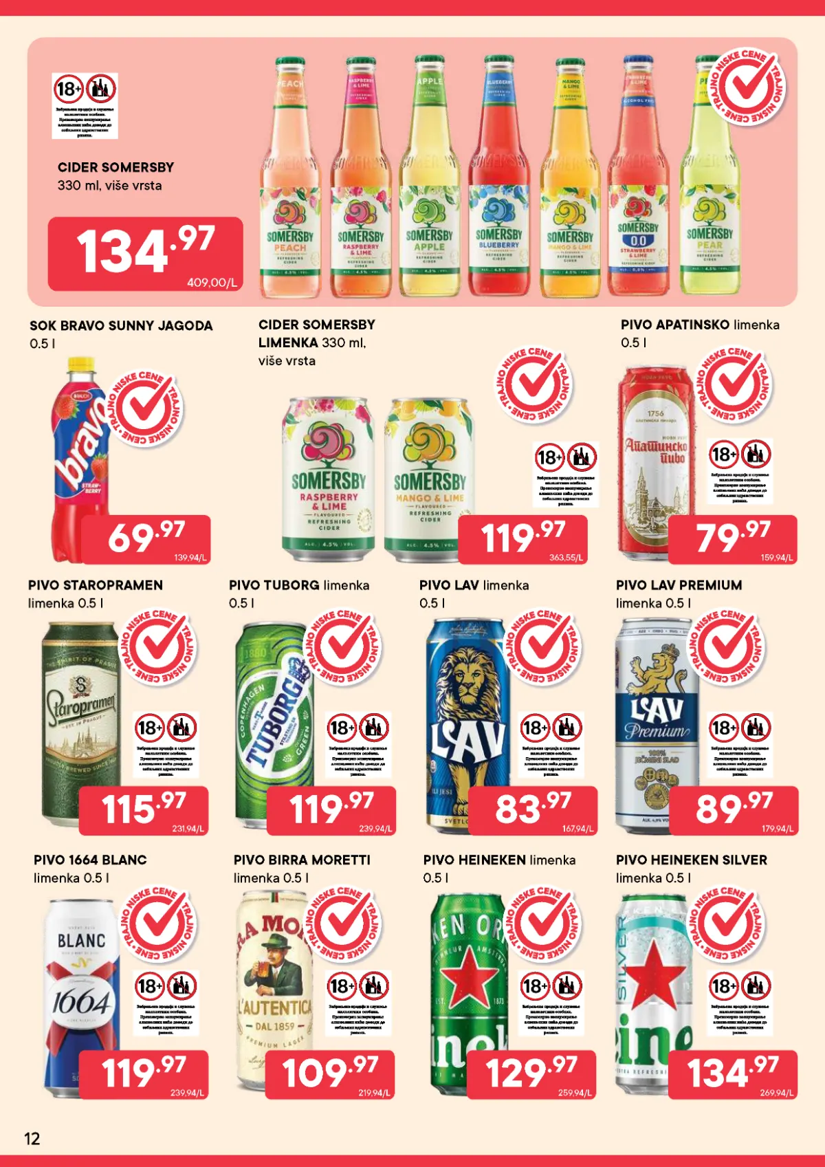 PerSu katalog strana 12 – Bravo sok, Somersby cider, Apatinsko, Lav, Tuborg, Staropramen i Heineken pivo