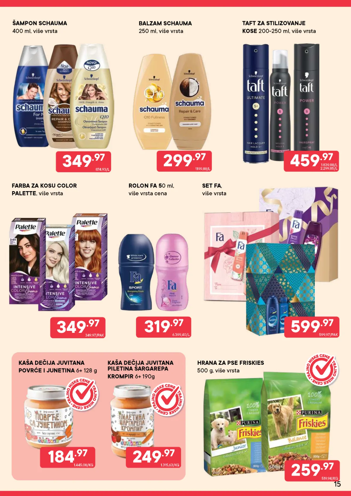 PerSu katalog strana 15 – Schauma šampon, Taft, Palette farbe, Fa dezodoransi, Juvitana kašice i Friskies hrana