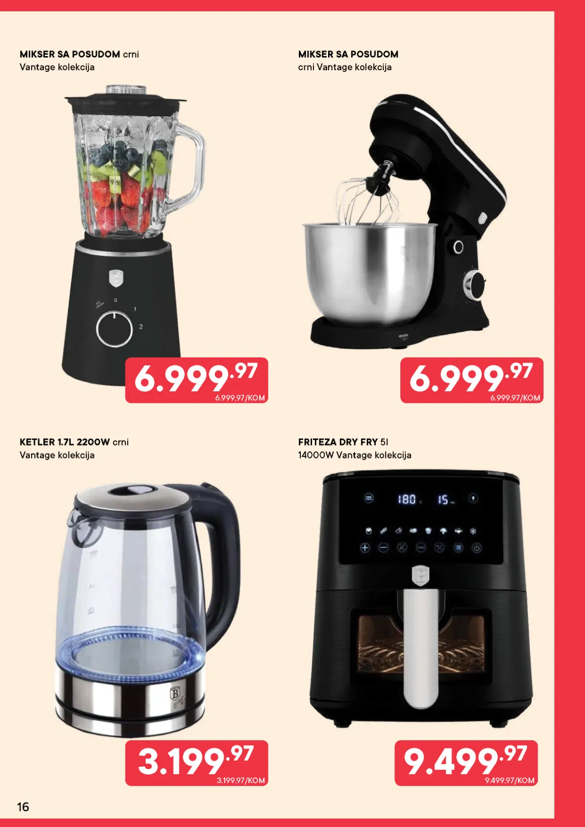 PerSu katalog strana 16 – Vantage blender i mikser po 6.999,97 dinara, ketler 3.199,97 dinara i friteza 9.499,97 dinara