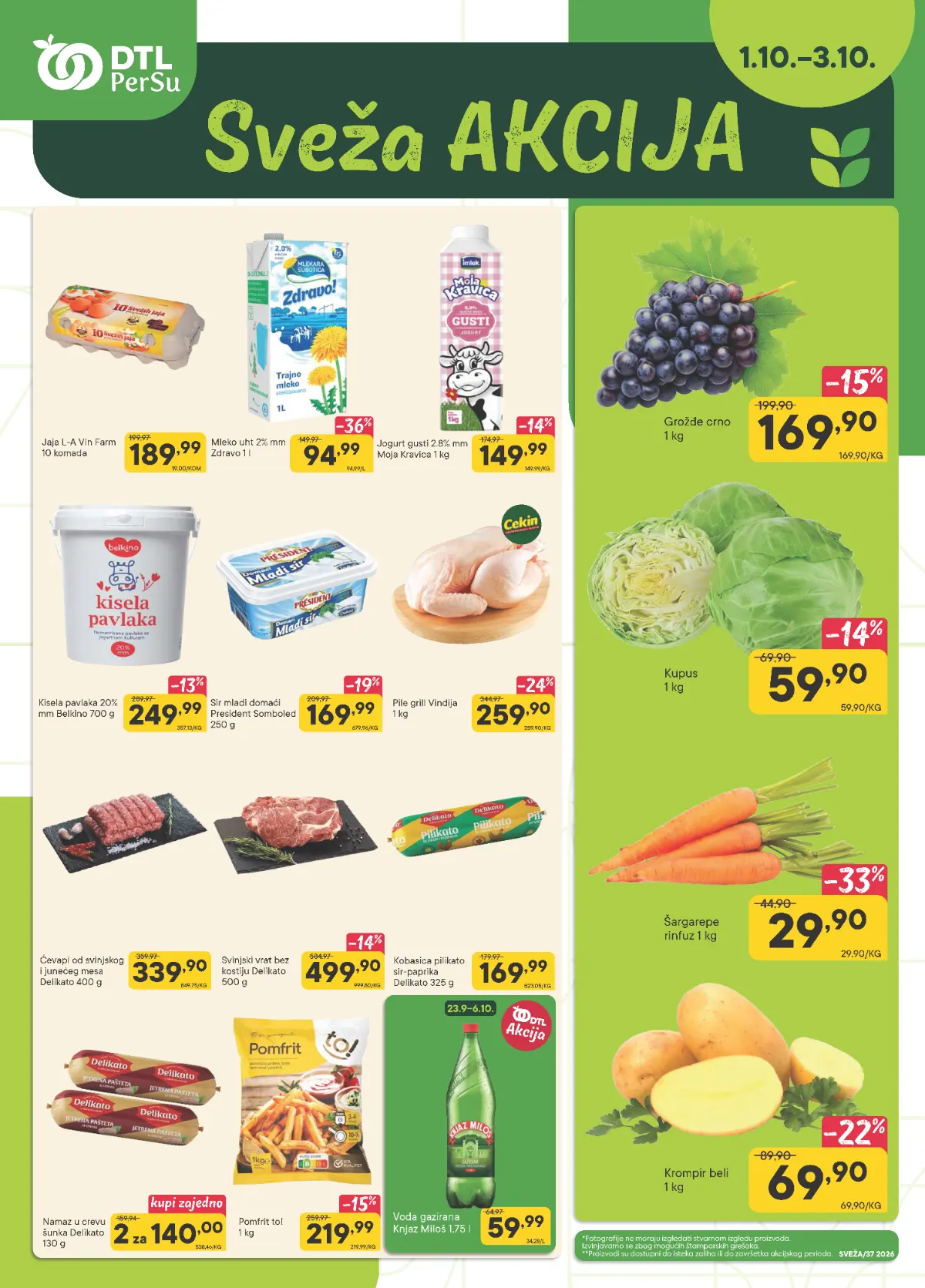 DTL PerSu Sveža akcija od 01. do 03.10.2026. – mleko, jaja, meso, suhomesnati proizvodi, voće i povrće po akcijskim cenama