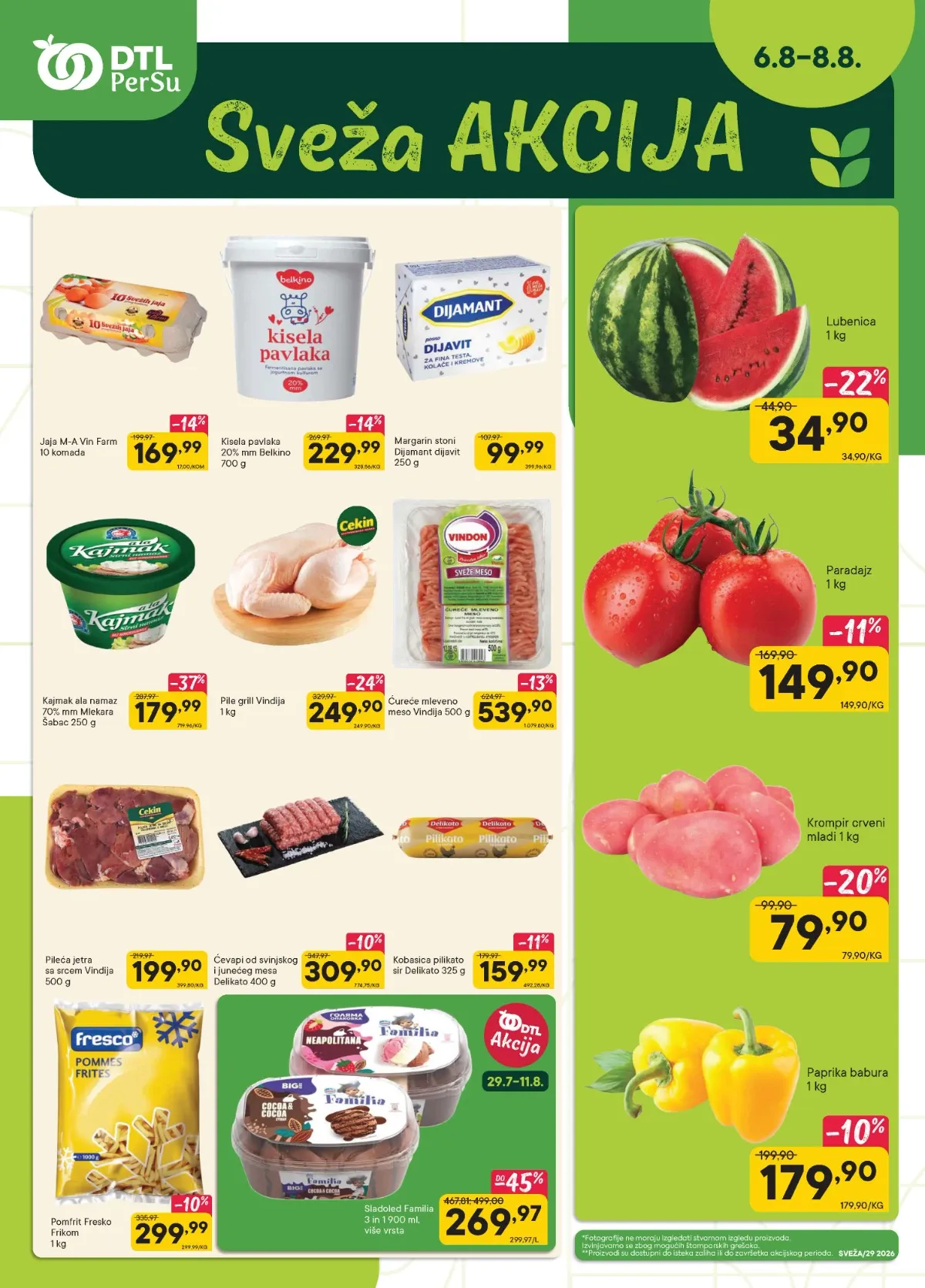PerSu Sveža akcija do 08.08.2026. donosi snižene cene lubenice, paradajza, mladog krompira, paprike, pileta, kajmaka, kisele pavlake, mlevenog mesa, pomfrita i drugih prehrambenih proizvoda