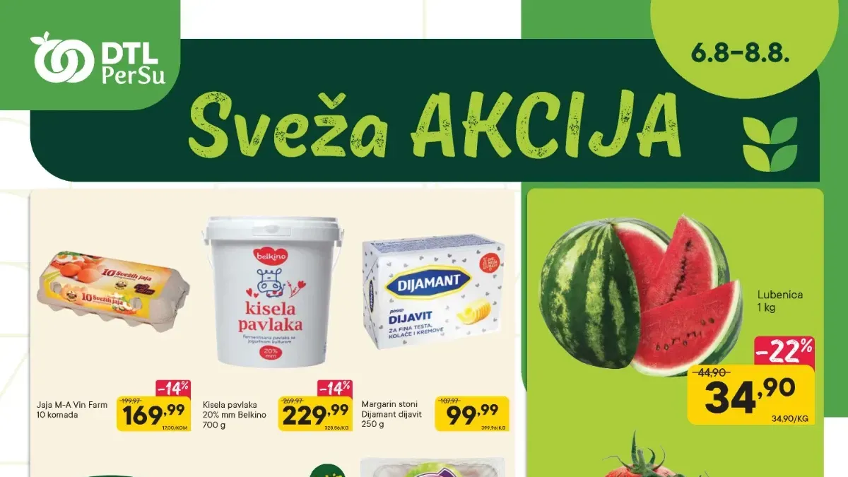 PerSu Sveža akcija do 08.08.2026. donosi snižene cene lubenice, paradajza, mladog krompira, paprike, pileta, kajmaka, kisele pavlake, mlevenog mesa, pomfrita i drugih proizvoda