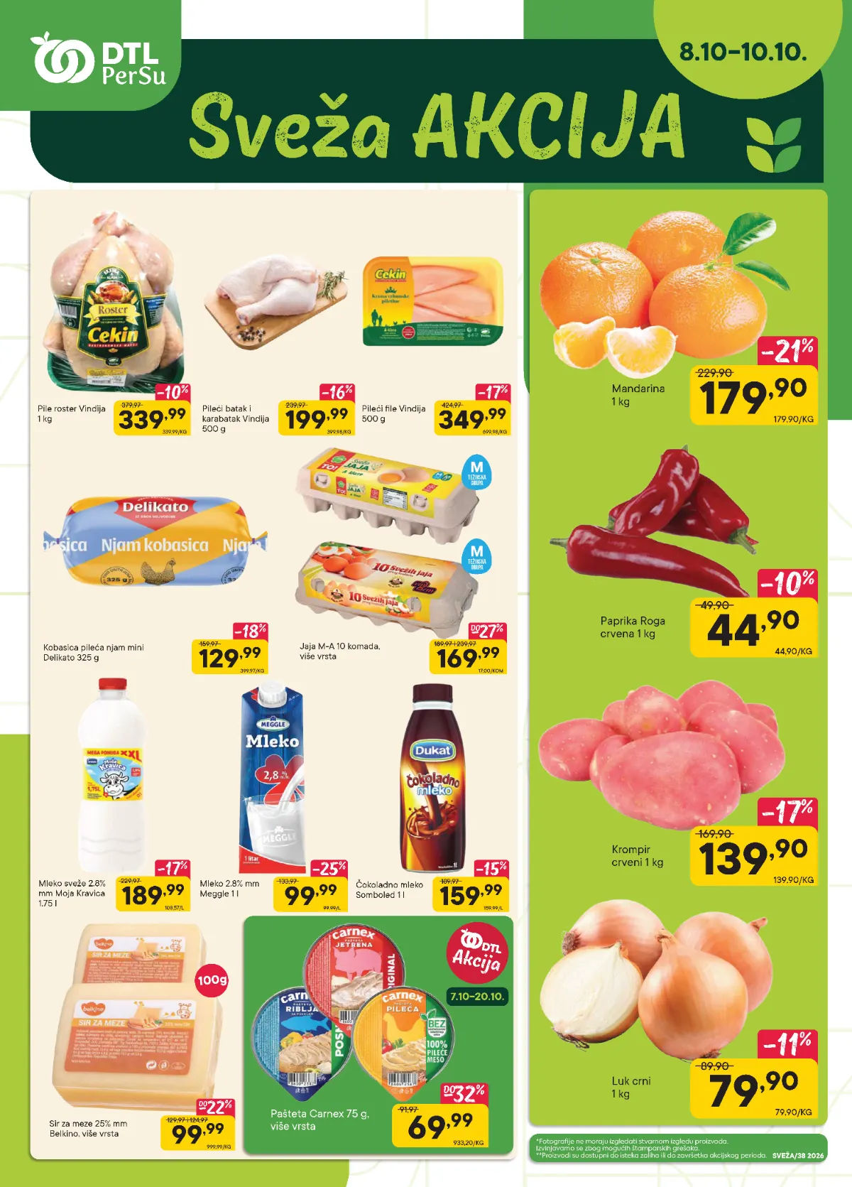 PerSu Sveža akcija 08–10.10.2026. – pile roster Vindija 339,99 dinara po kilogramu, mleko Meggle 99,99 dinara i mandarine 179,90 dinara po kilogramu