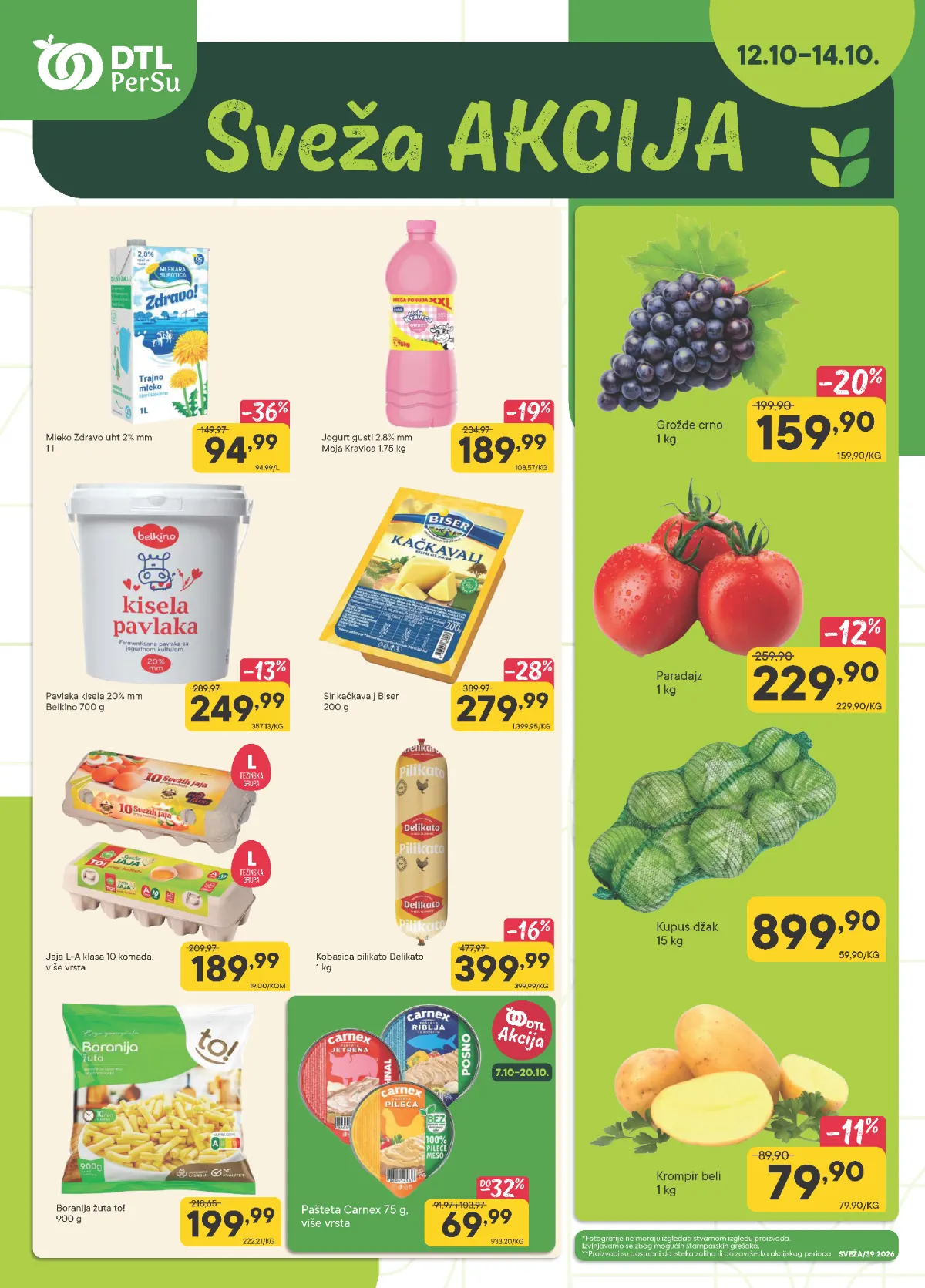 DTL PerSu Sveža akcija od 12. do 14.10.2026. – mleko Zdravo 94,99 dinara, crno grožđe 159,90 dinara po kilogramu i beli krompir 79,90 dinara po kilogramu