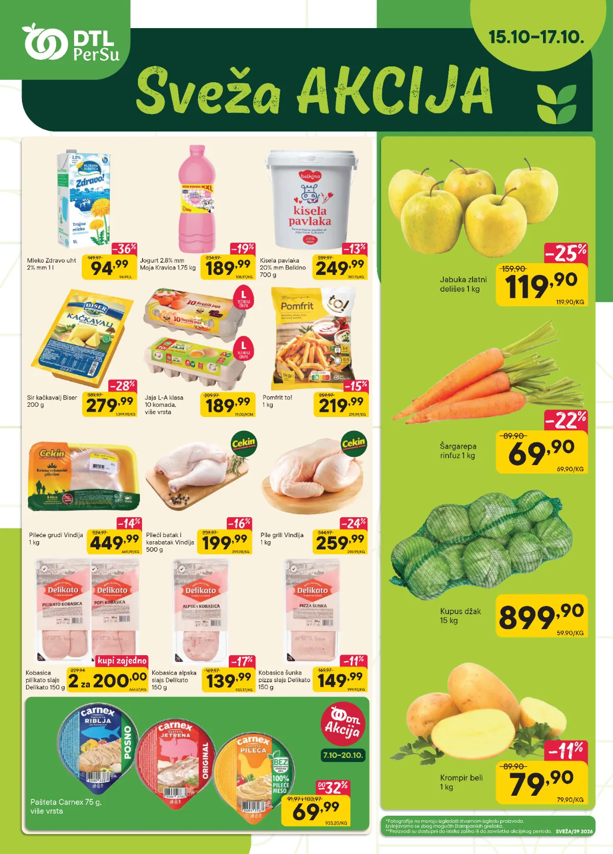 DTL PerSu sveža akcija 15–17.10.2026. – mleko Zdravo 94,99 din, pile grill 259,99 din/kg i jabuka zlatni delišes 119,90 din/kg