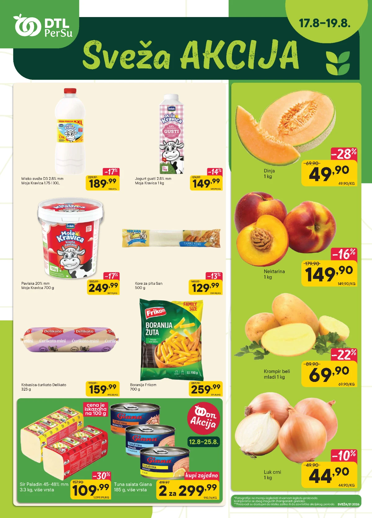 PerSu Sveža akcija od 17. do 19.08.2026. – mleko, jogurt, pavlaka, dinja, nektarine, krompir i luk po sniženim cenama