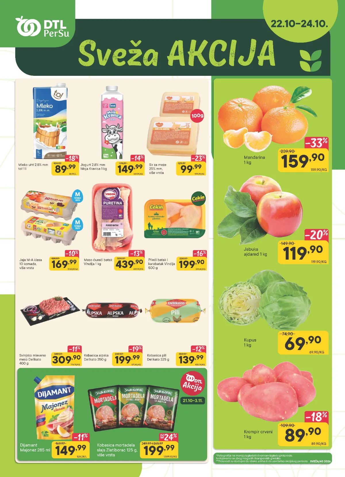 DTL PerSu Sveža akcija 22–24.10.2026. – kupus 69,90 din, krompir 89,90 din, mandarine 159,90 din i mleko 89,99 dinara