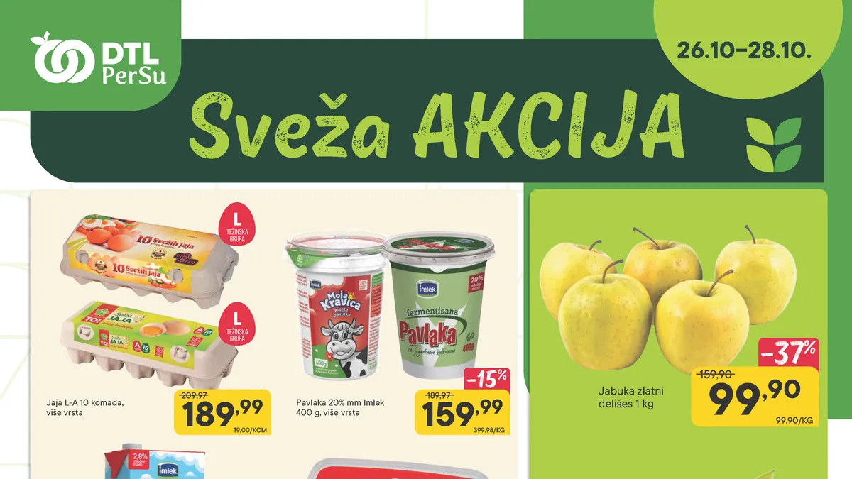 PerSu sveža akcija 26–28.10.2026. – jabuke zlatni delišes 99,90 din/kg, mleko Moja Kravica 99,99 din/l i jaja 189,99 din za 10 komada