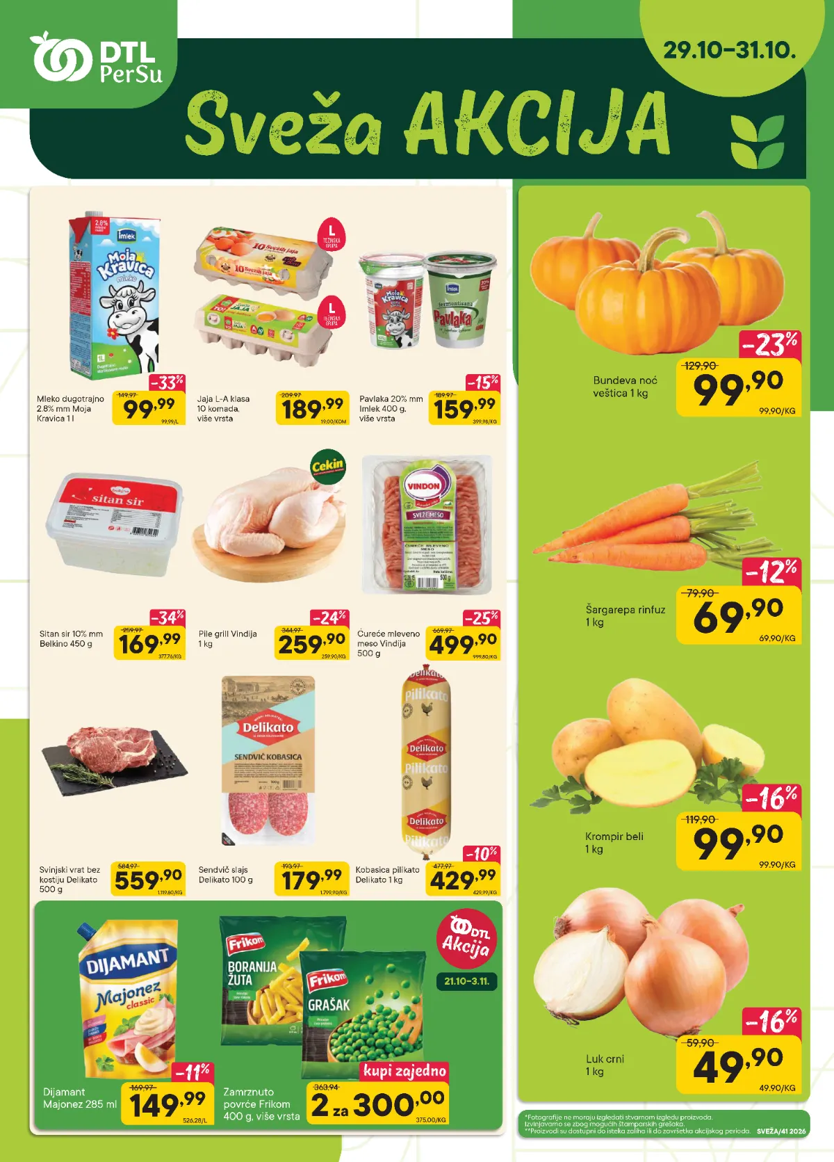 PerSu Sveža akcija 29–31.10.2026. – mleko 99,99 din, pile 259,90 din/kg, bundeva 99,90 din/kg, šargarepa 69,90 din/kg i luk 49,90 din/kg