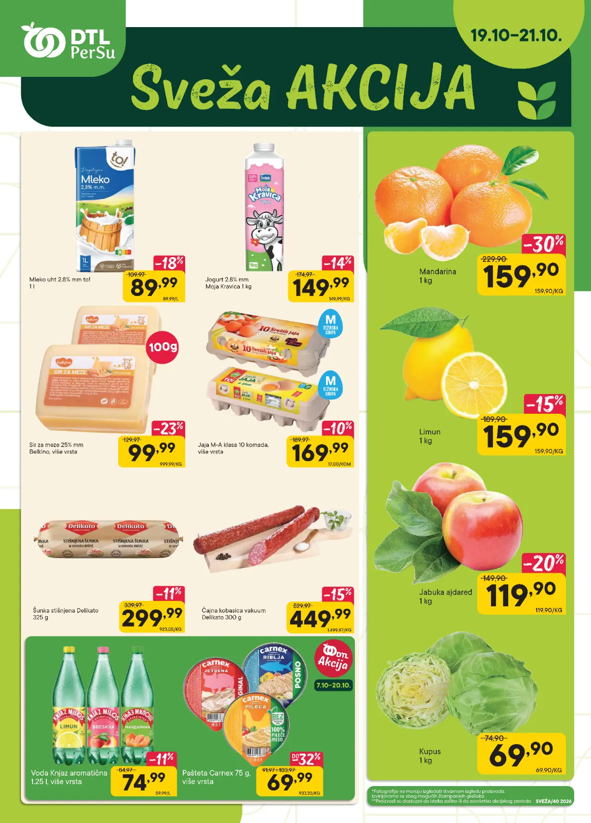 DTL PerSu sveža akcija 19–21.10.2026. – mleko 89,99 din, jaja 169,99 din, mandarine 159,90 din i kupus 69,90 din
