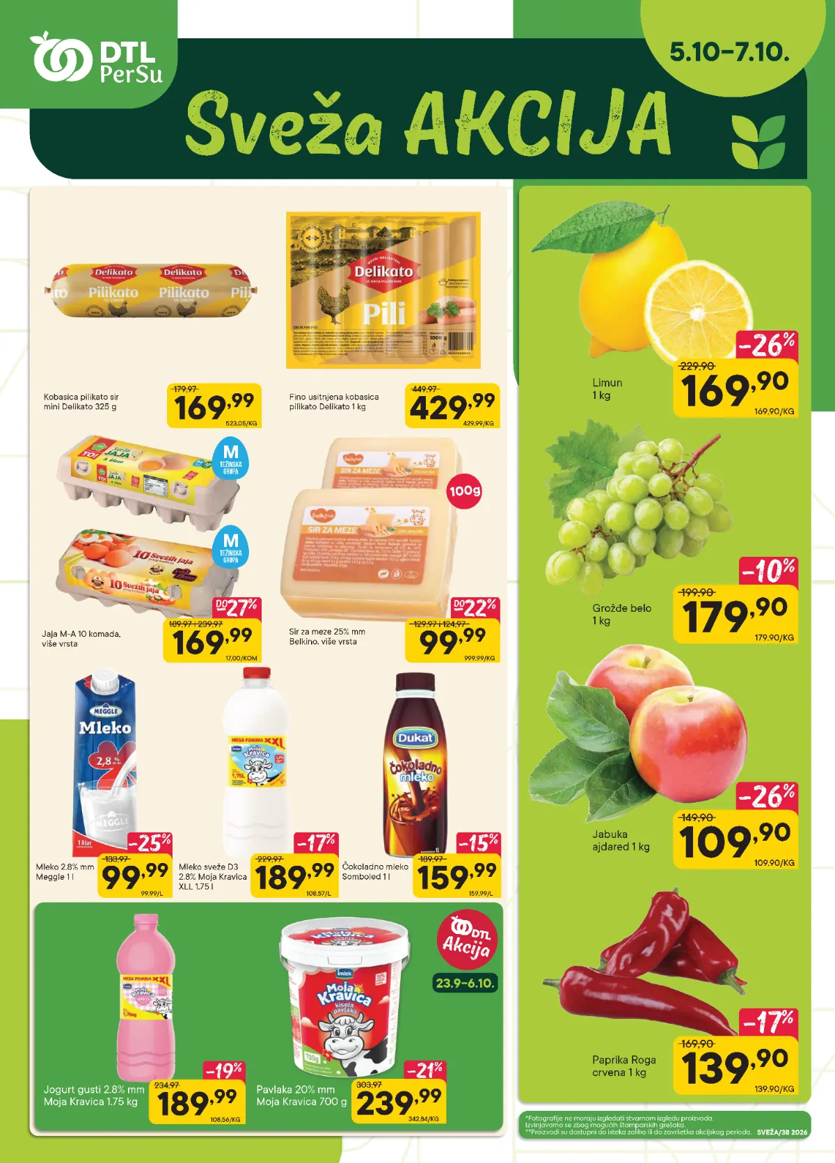 DTL PerSu Sveža akcija 05–07.10.2026. – jaja, mleko, sir, jogurt, voće i povrće po akcijskim cenama