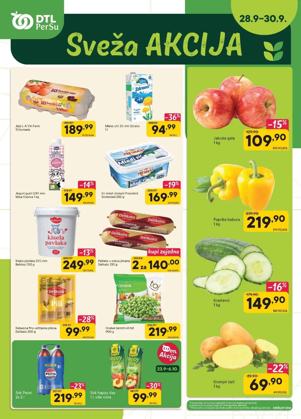DTL PerSu Sveža akcija od 28. do 30.09.2026. – jaja, mleko, jogurt, sir, jabuke, paprika, krastavci i krompir po akcijskim cenama