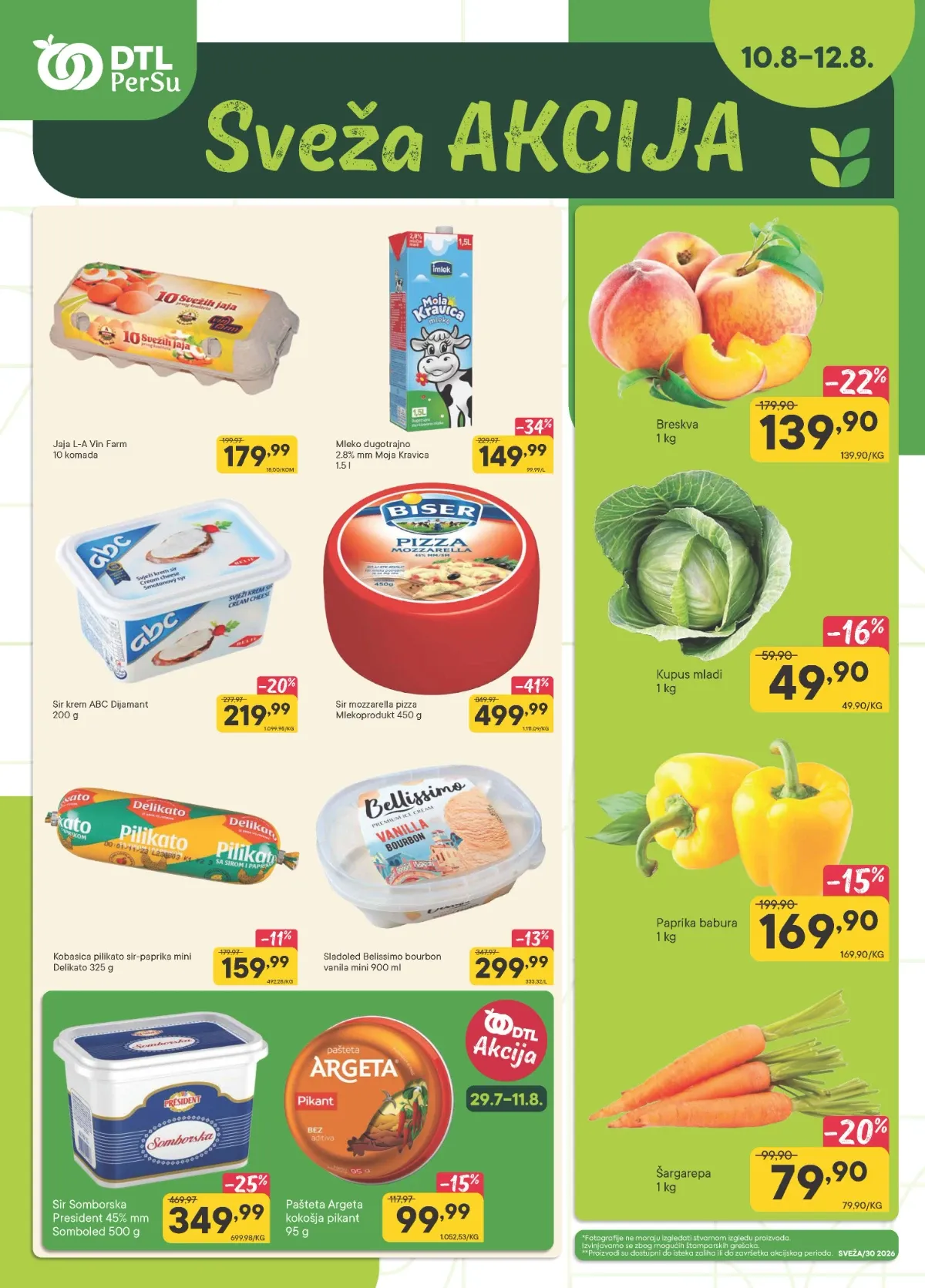 PerSu Sveža akcija od 10. do 12.08.2026. – Biser mozzarella, Moja Kravica mleko, sirevi, breskve, kupus, paprika i šargarepa po sniženim cenama