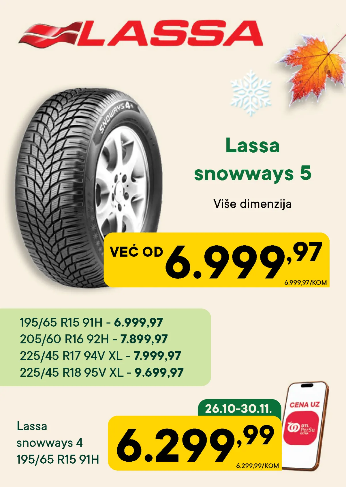 PerSu Lassa zimske gume – Snoways 5 od 6.999,97 din i Snoways 4 195/65 R15 za 6.299,99 dinara uz posebnu cenu