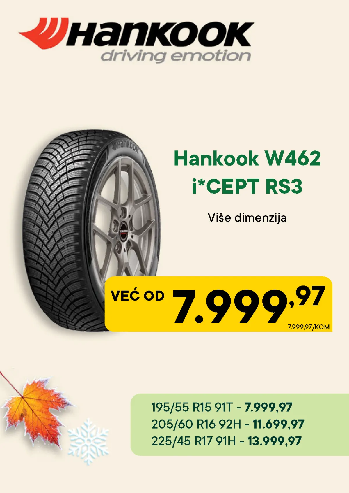 PerSu Hankook W462 Winter i*cept RS3 zimske gume – 195/55 R15 za 7.999,97 din, 205/60 R16 za 11.699,97 din i 225/45 R17 za 13.999,97 dinara