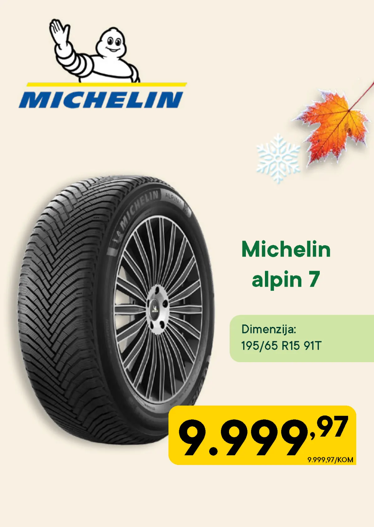 PerSu Michelin Alpin 7 zimska guma dimenzije 195/65 R15 91T po ceni od 9.999,97 dinara