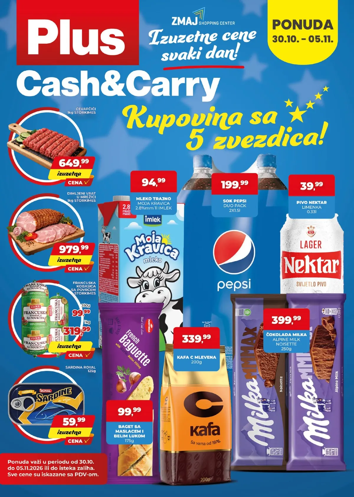 Plus Cash & Carry katalog od 30.10. do 05.11.2026. – roštiljska kobasica 649,99 din, mleko 94,99 din, Pepsi 199,99 din i Milka čokolada 399,99 din