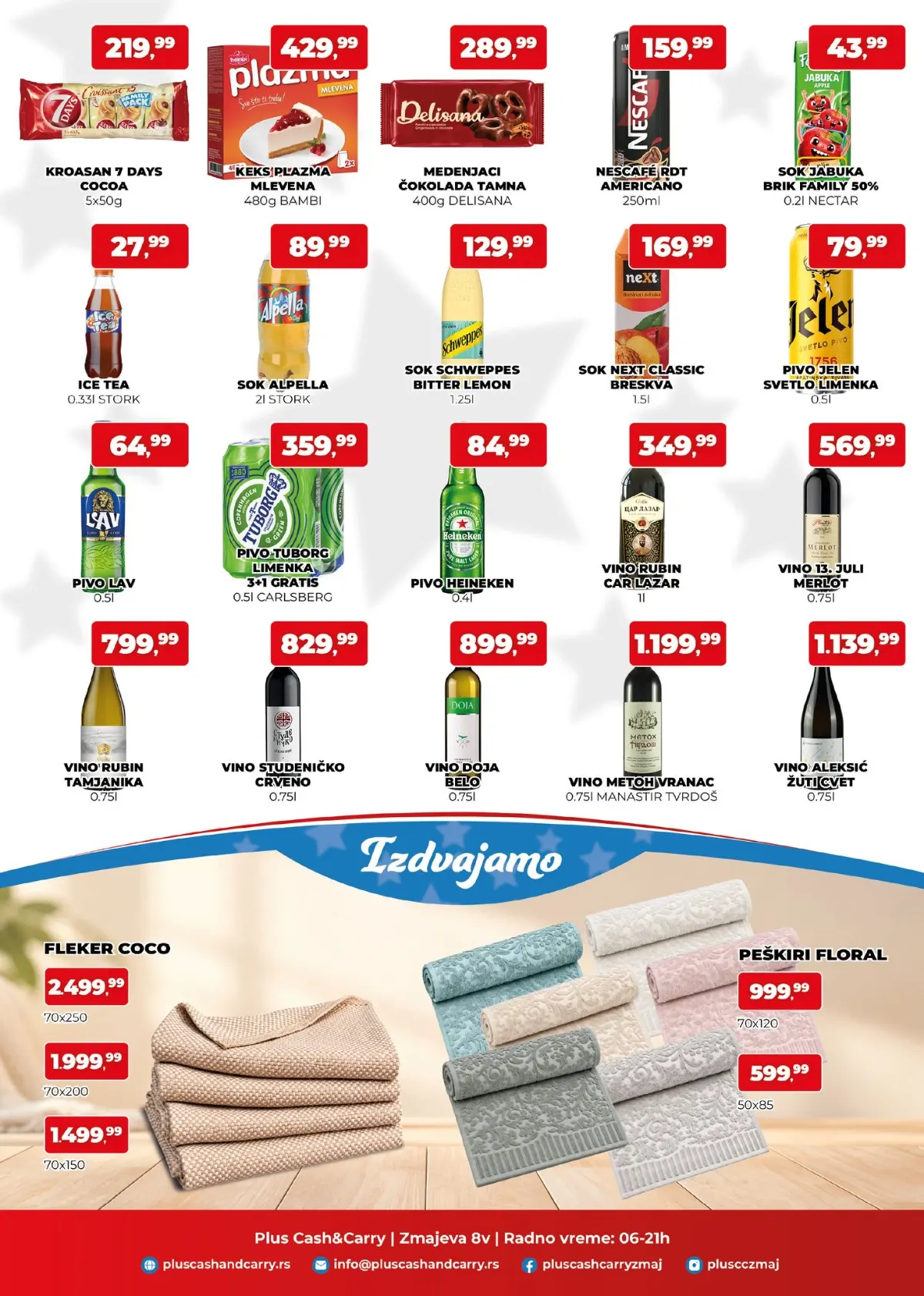 Plus Cash & Carry katalog strana 2 – Plazma 429,99 din, 7 Days 219,99 din, Schweppes 129,99 din, pića, vina i peškiri