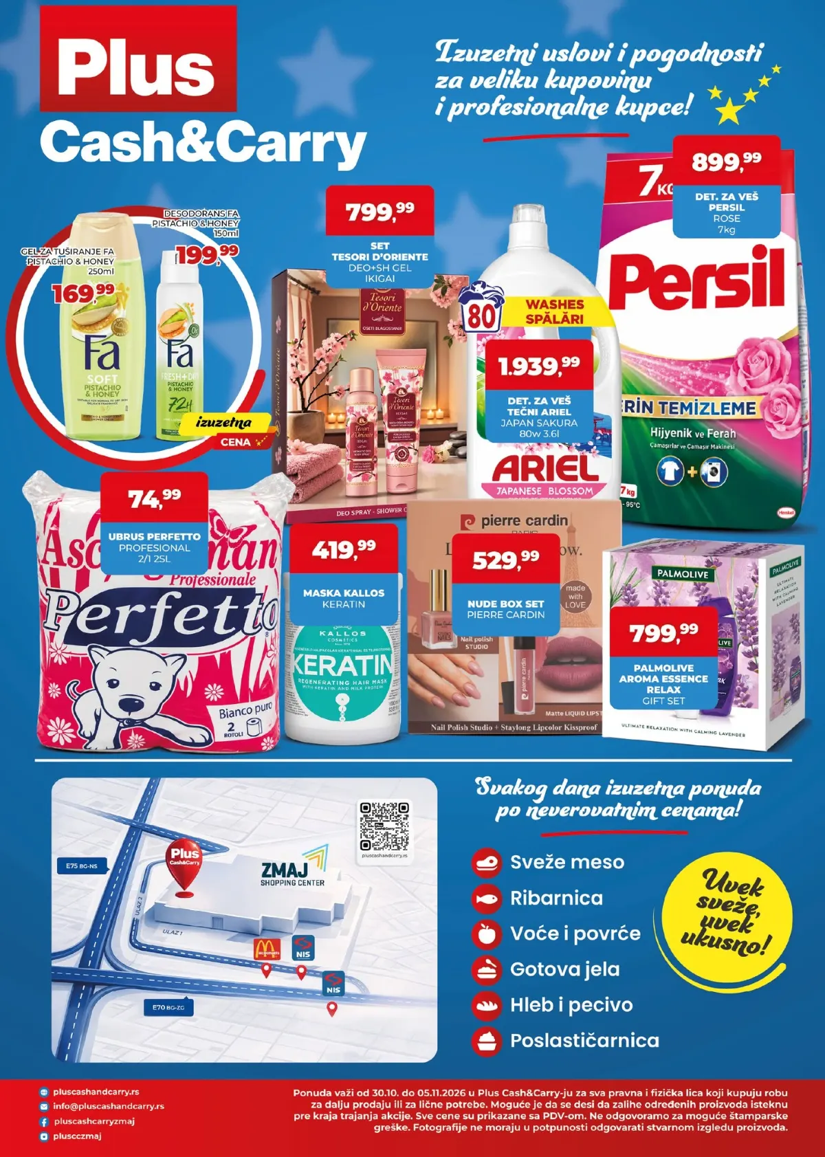 Plus Cash & Carry katalog strana 4 – Persil 7 kg 899,99 din, Ariel 1.939,99 din, Perfetto ubrusi 74,99 din i kozmetika