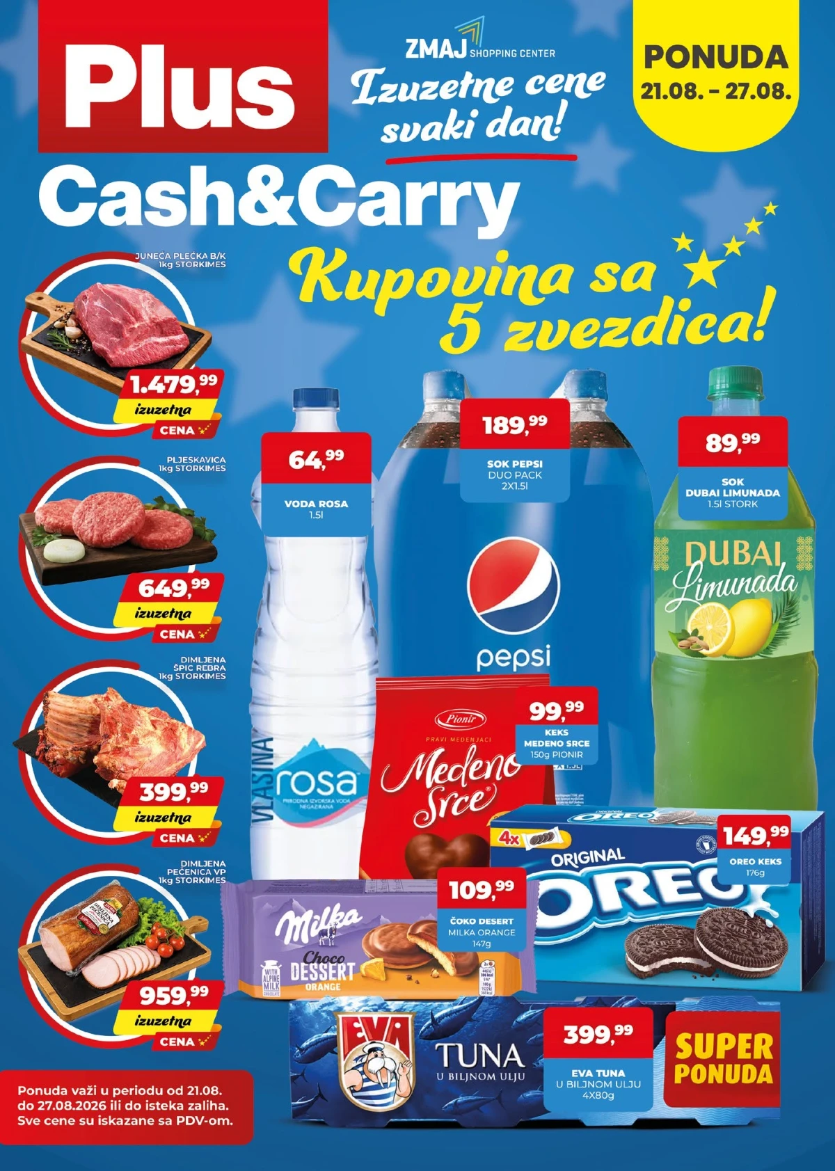 Plus Cash&Carry akcija od 21.08. do 27.08.2026. – juneća plećka, pljeskavice, dimljena rebra, piće, slatkiši i drugi proizvodi po akcijskim cenama