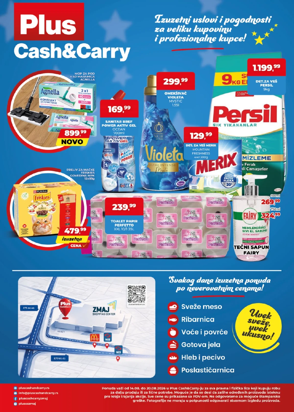 Plus Cash&Carry akcija do 20.08.2026. – Persil 9 kg, Perfetto toalet papir, Violeta omekšivač i Bref sanitar