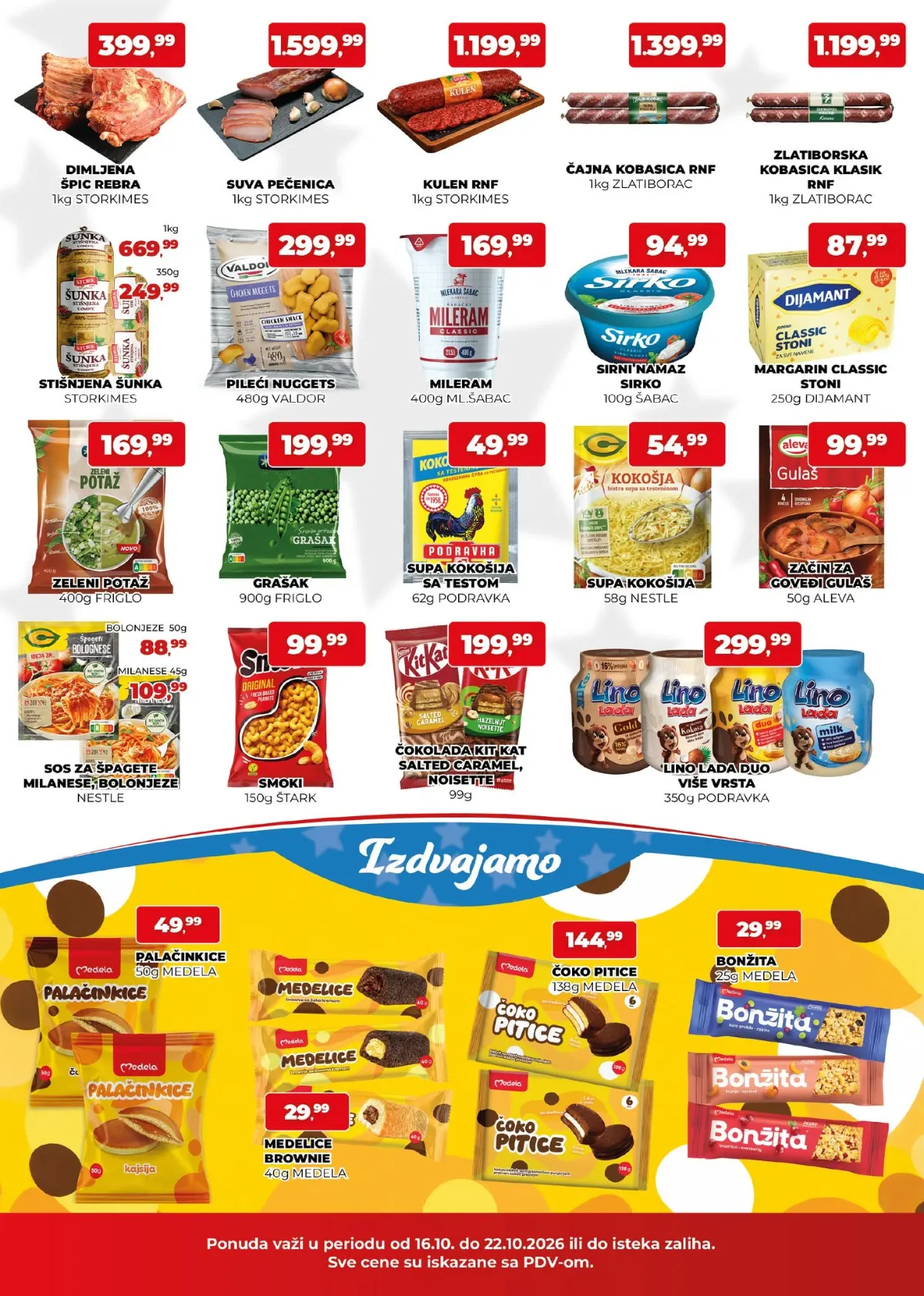 Plus Cash&Carry katalog 16–22.10.2026. – dimljena špic rebra 399,99 din/kg, kulen, kobasice, šunka, mileram, grickalice i slatkiši