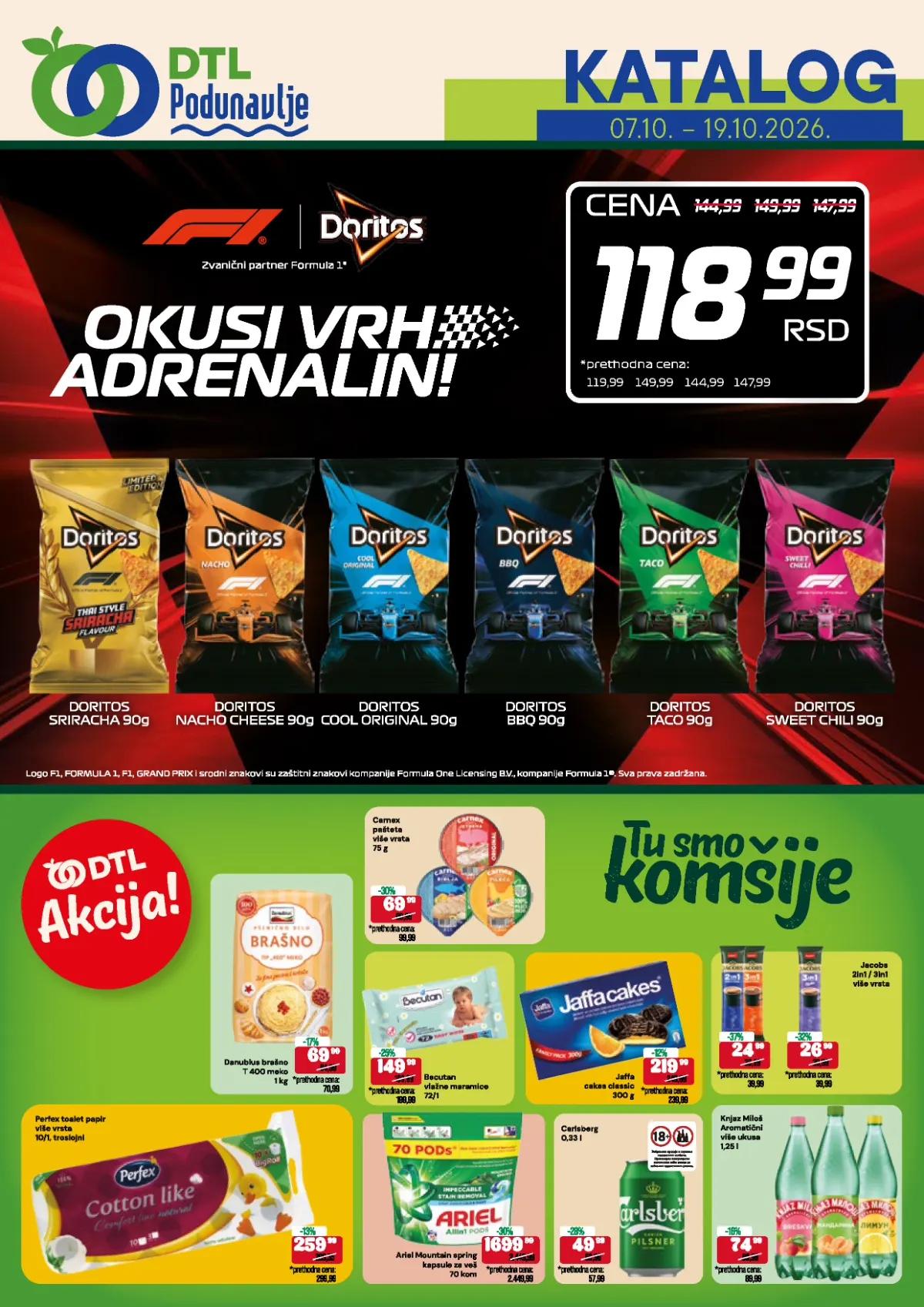 DTL Podunavlje katalog 07–19.10.2026. – Doritos, brašno Danubius, Carnex pašteta, Jaffa keks i Ariel kapsule na akciji
