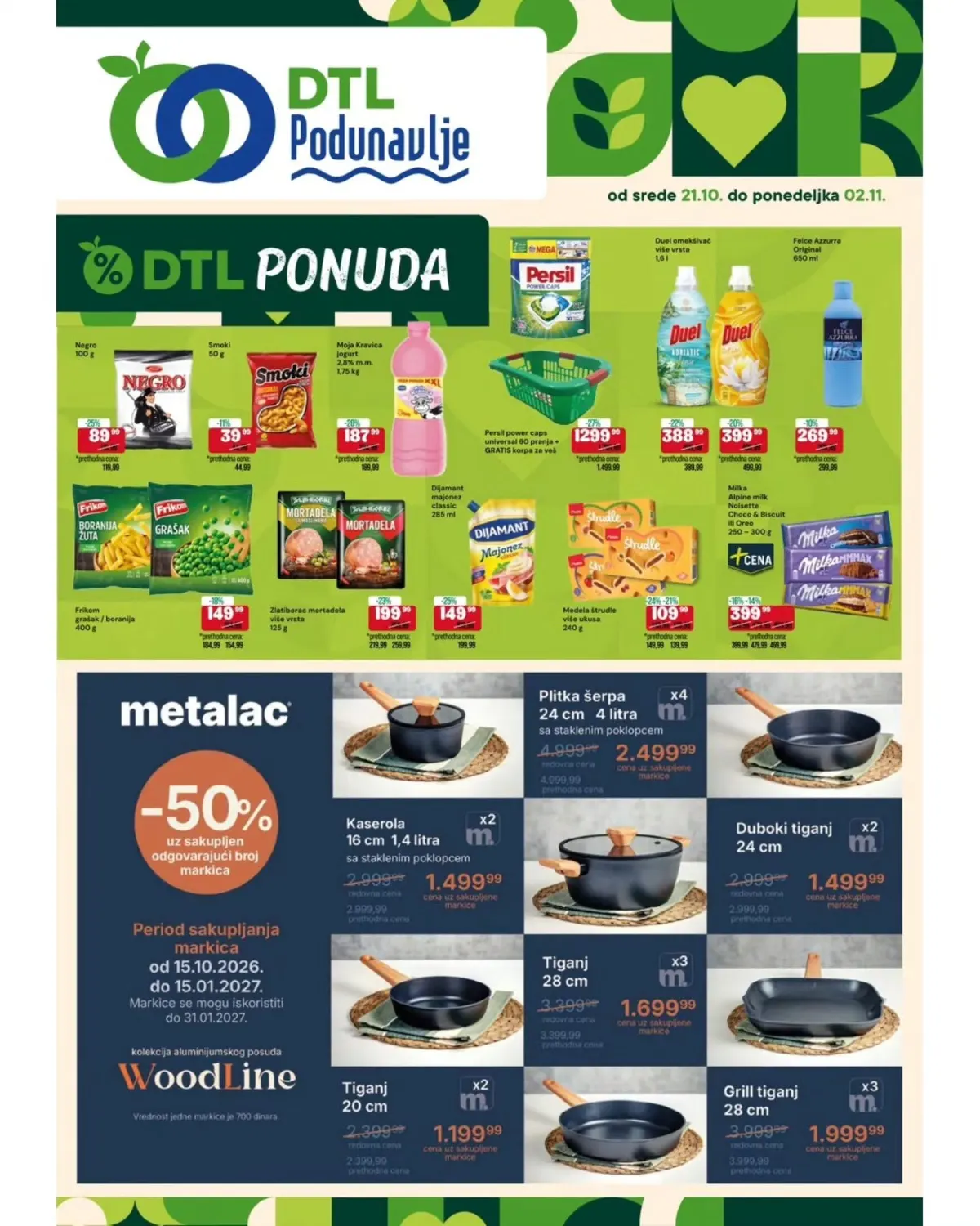 DTL Podunavlje katalog od 21.10. do 2.11.2026. – Metalac WoodLine posuđe 50% jeftinije uz markice, Persil, Smoki, Negro, Frikom i Duel na akciji