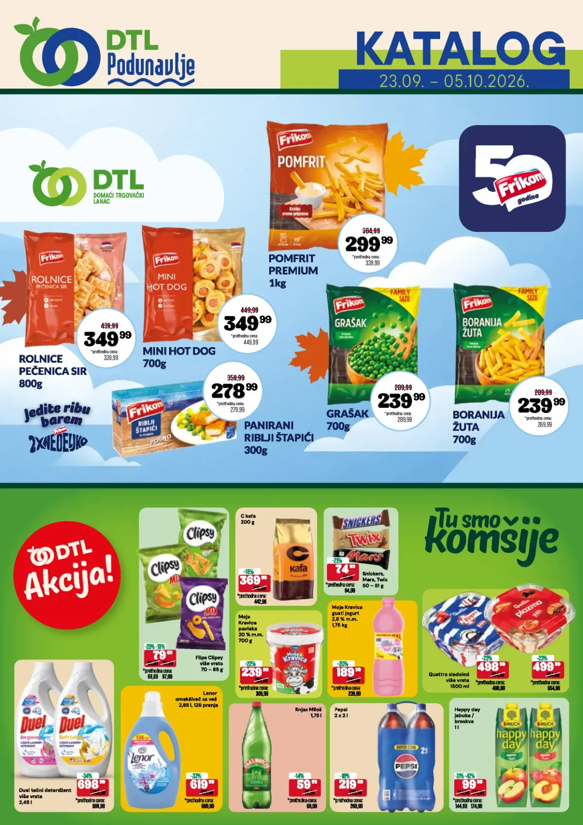 DTL Podunavlje katalog od 23.09. do 05.10.2026. – Frikom proizvodi, hrana, piće, zimnica i kućna hemija po akcijskim cenama