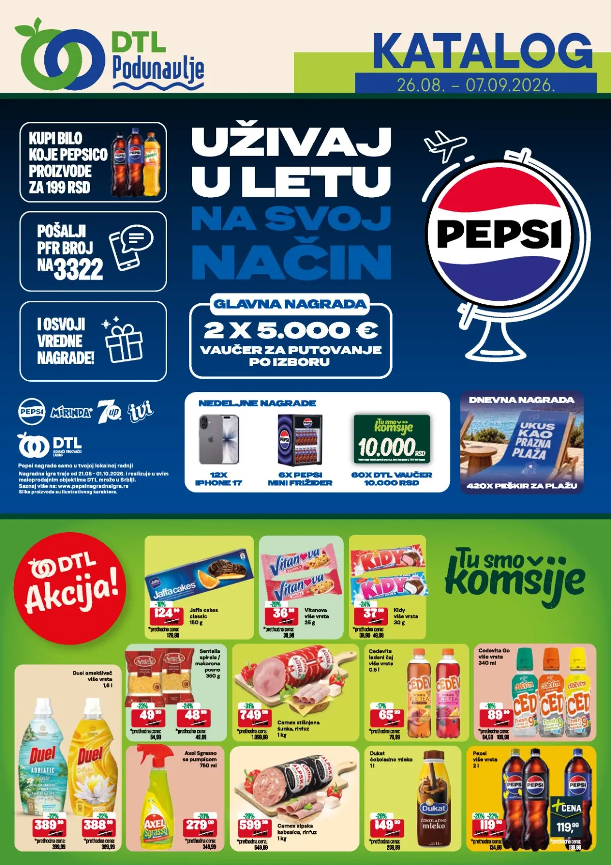 DTL Podunavlje katalog od 26.08. do 07.09.2026. – prehrana, piće, kućna hemija, školski pribor i Pepsi nagradna igra
