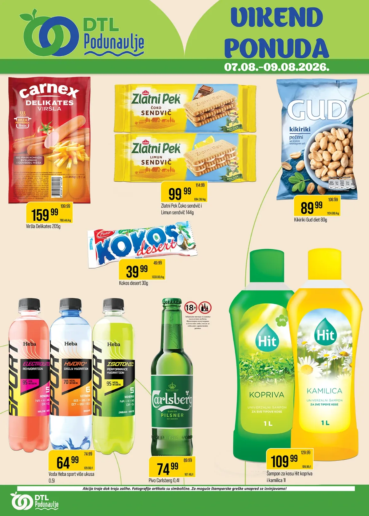 DTL Podunavlje vikend ponuda do 09.08.2026. – Carnex Delikates viršle, Zlatni Pek sendvič keks, Gud kikiriki, Heba Sport, Carlsberg i Hit šampon