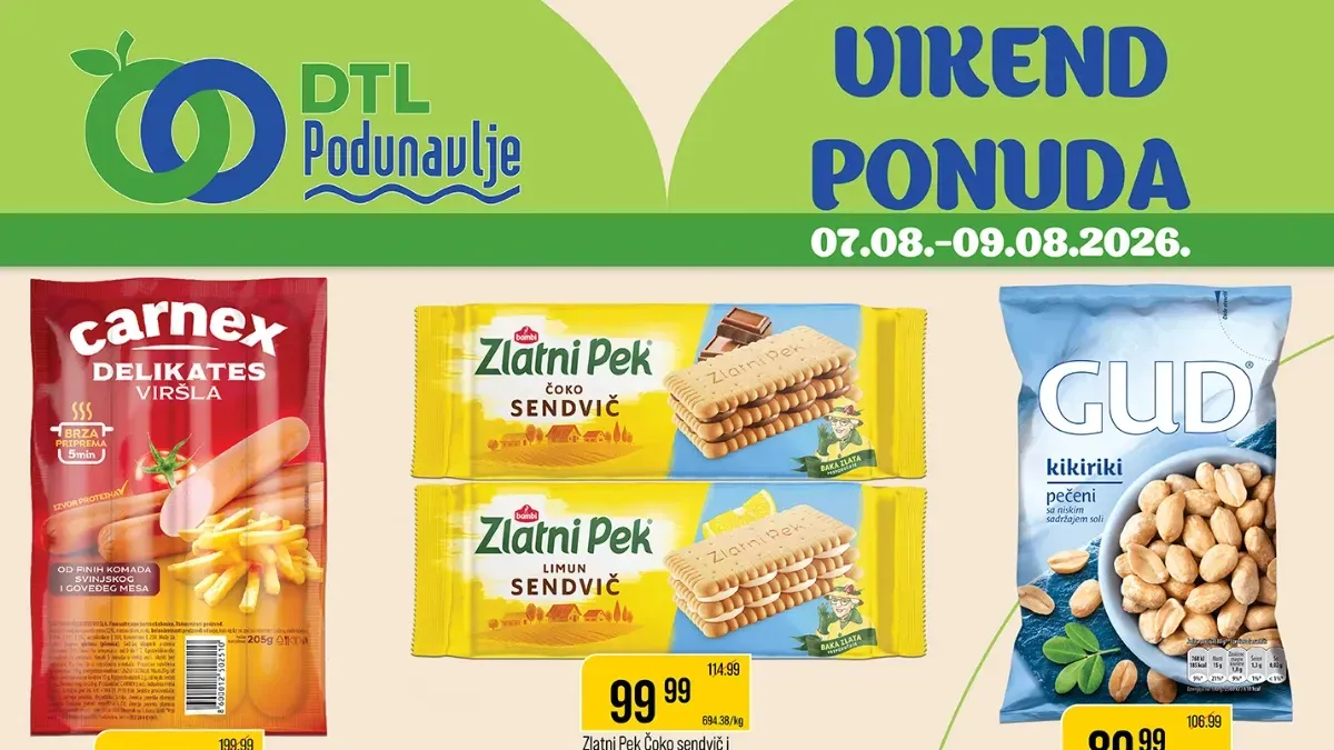 DTL Podunavlje vikend ponuda do 09.08.2026. – Carnex viršle, Zlatni Pek sendvič keks, Gud kikiriki, Heba Sport, Carlsberg i Hit šampon