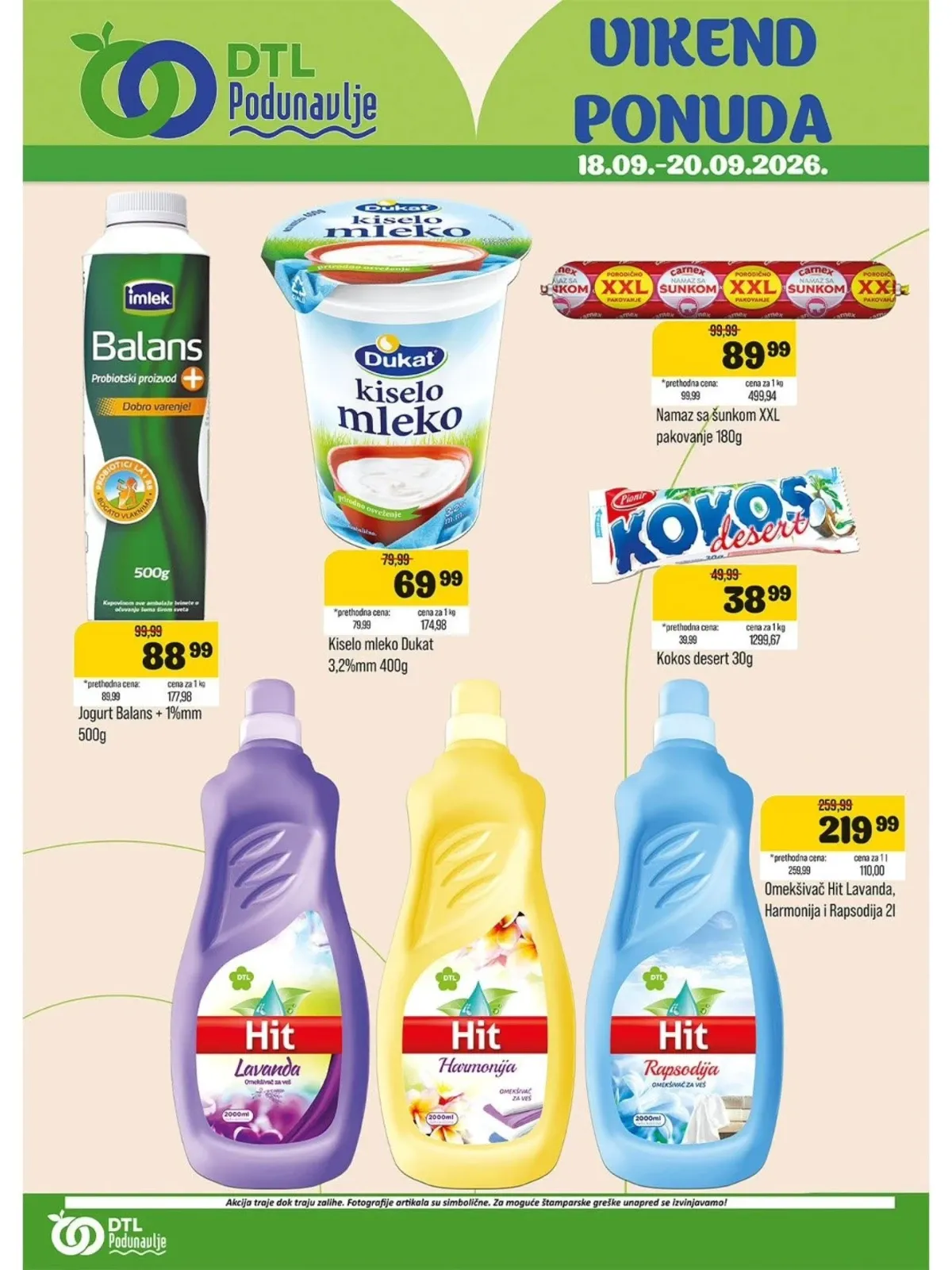 DTL Podunavlje vikend akcija od 18.09. do 20.09.2026. – jogurt, kiselo mleko, namaz sa šunkom, kokos desert i omekšivač po sniženim cenama