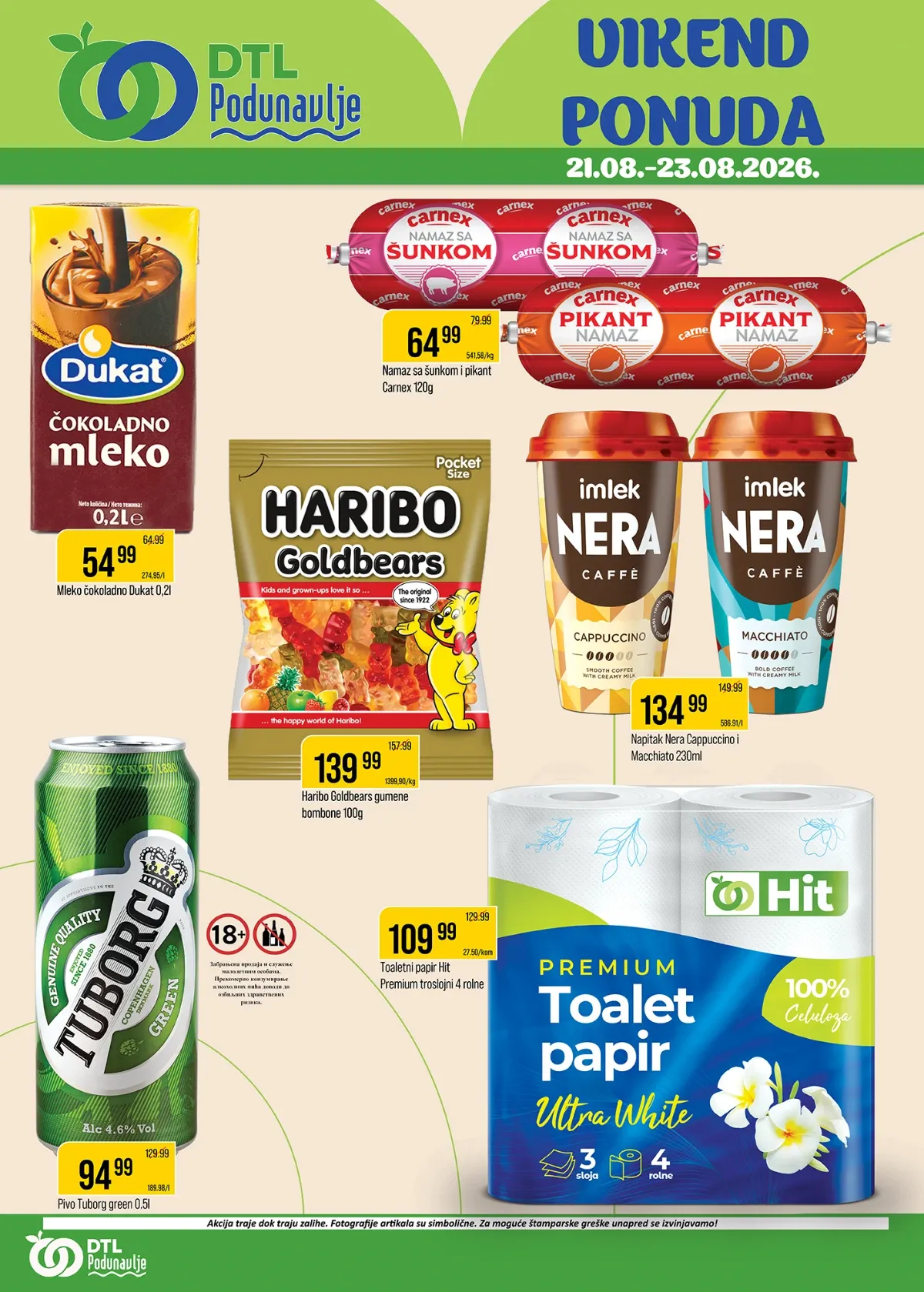 DTL Podunavlje vikend akcija od 21.08. do 23.08.2026. – Dukat čokoladno mleko, Carnex namazi, Haribo, Nera kafa, Tuborg i Hit toalet papir