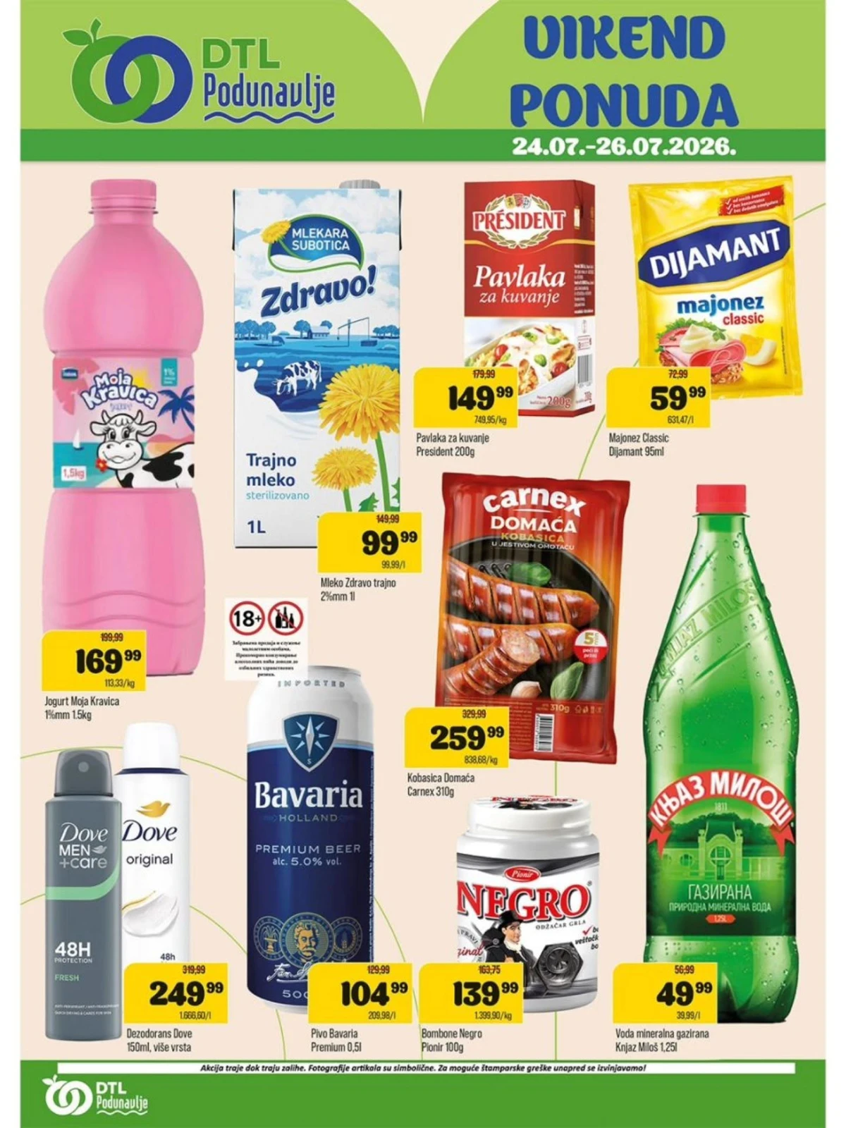 DTL Podunavlje vikend akcija do 26.07.2026. – popusti na jogurt, mleko, pavlaku, majonez, kobasicu, mineralnu vodu i druge proizvode