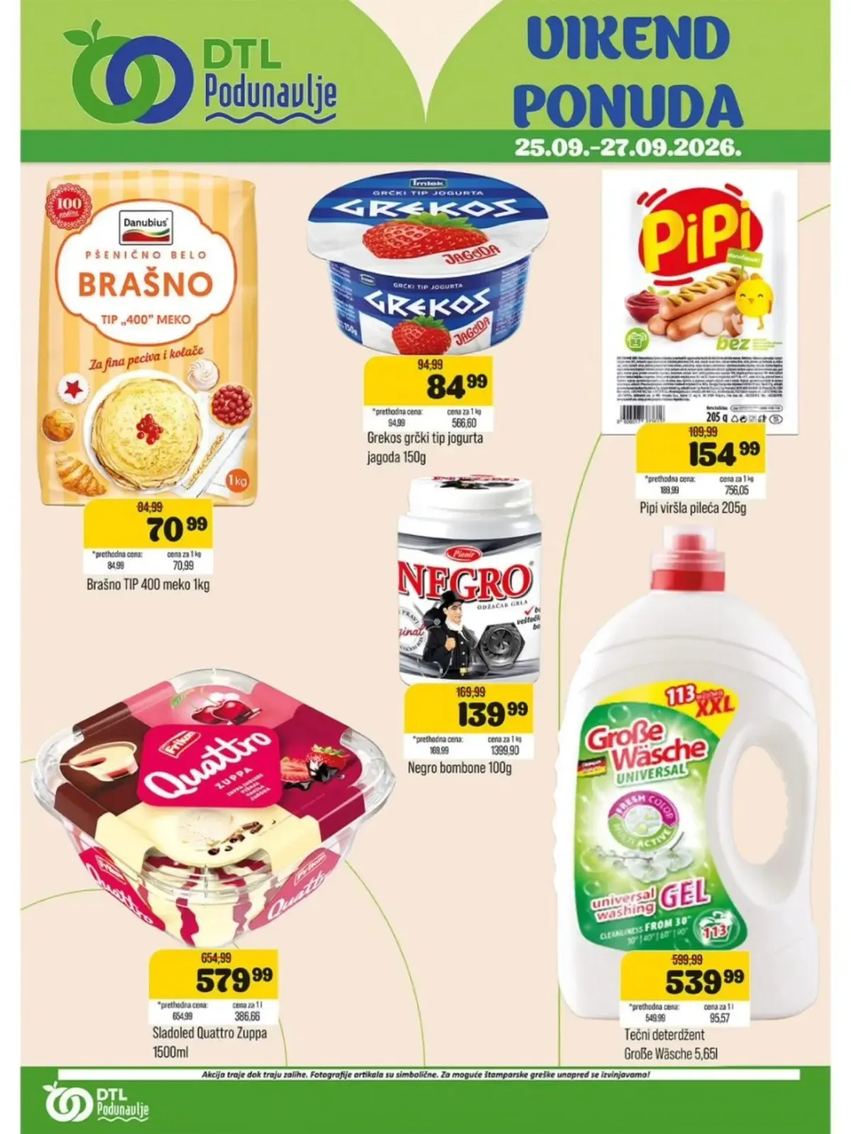 DTL Podunavlje vikend ponuda od 25. do 27.09.2026. – brašno, Grekos jogurt, Pipi viršle, Negro bombone, Quattro sladoled i deterdžent na akciji
