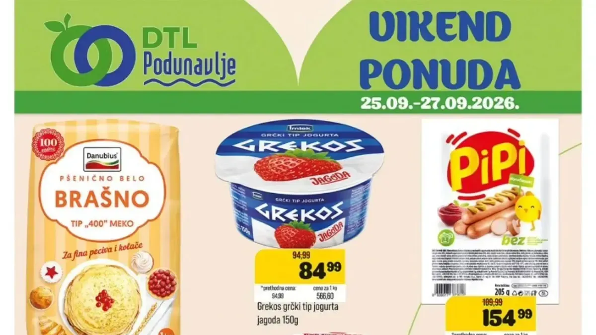 DTL Podunavlje vikend ponuda od 25. do 27.09.2026. – Danubius brašno, Grekos jogurt, Pipi viršle, Negro bombone, Quattro sladoled i Große Wäsche deterdžent po akcijskim cenama
