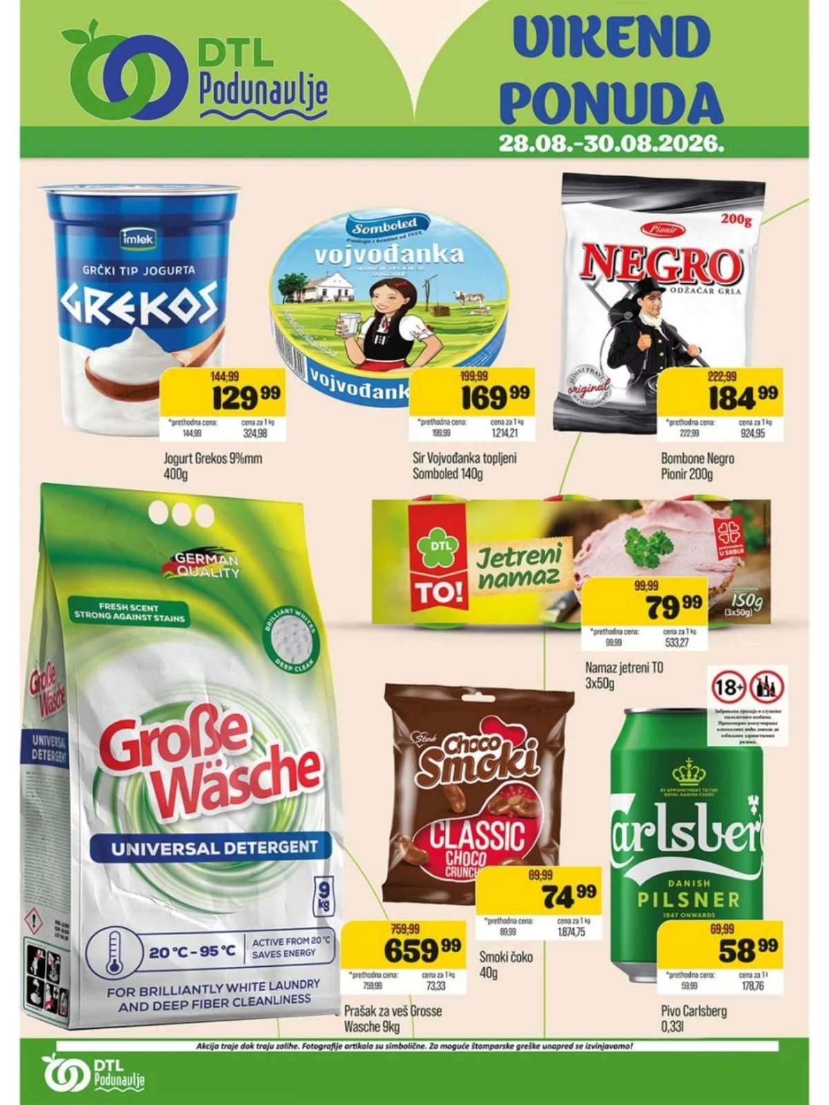 DTL Podunavlje vikend akcija od 28.08. do 30.08.2026. – jogurt, topljeni sir, slatkiši, pivo i deterdžent uz popuste do 20%