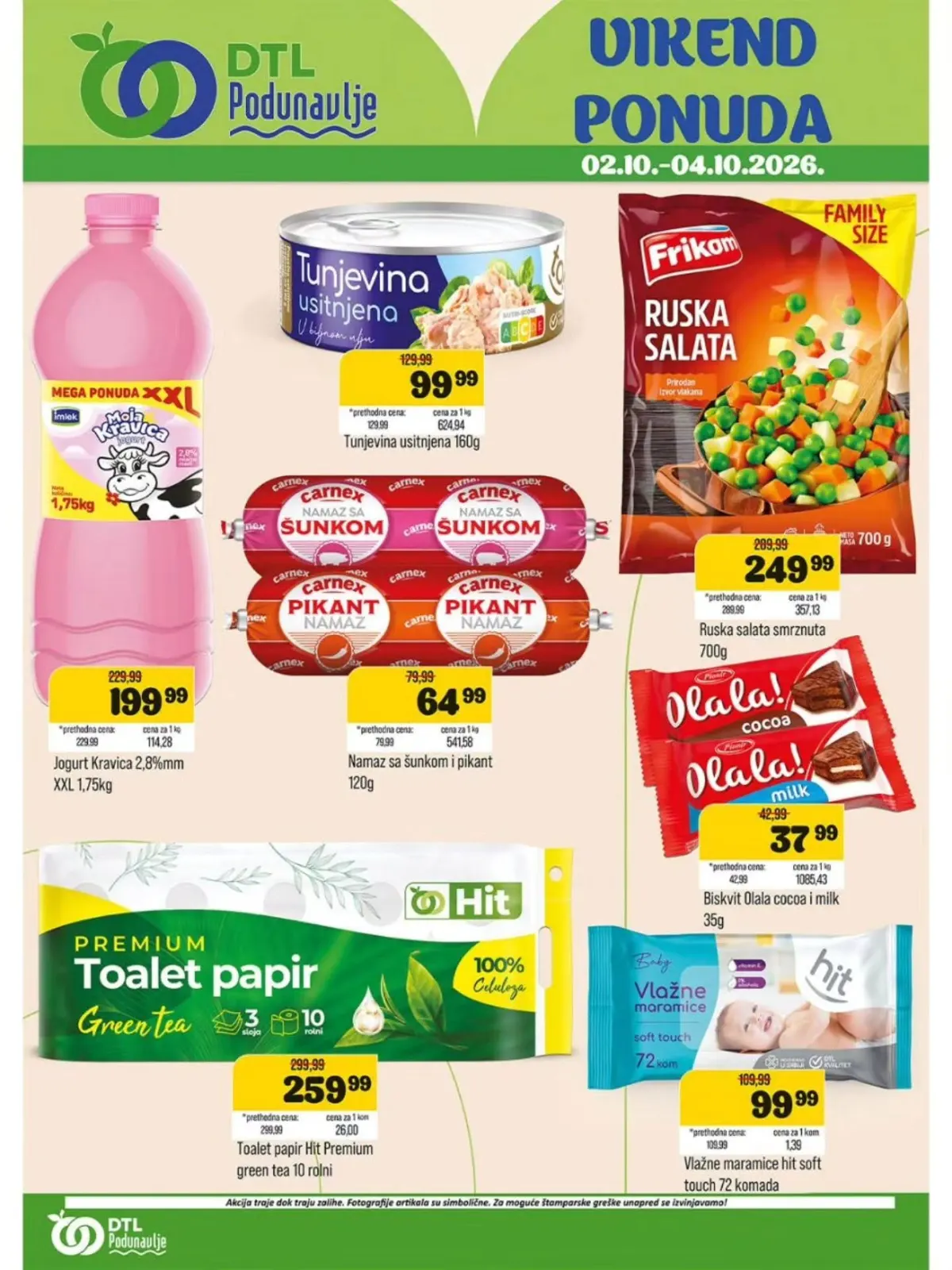DTL Podunavlje vikend ponuda od 02. do 04.10.2026. – Moja Kravica jogurt, tunjevina, Carnex namazi, Frikom ruska salata, Olala keks, toalet papir i vlažne maramice po akcijskim cenama
