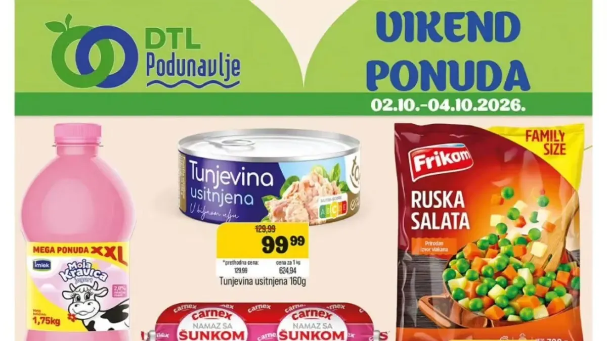 DTL Podunavlje vikend ponuda od 02. do 04.10.2026. – Moja Kravica jogurt, tunjevina, Carnex namazi, Frikom ruska salata, Olala keks, toalet papir i vlažne maramice po akcijskim cenama