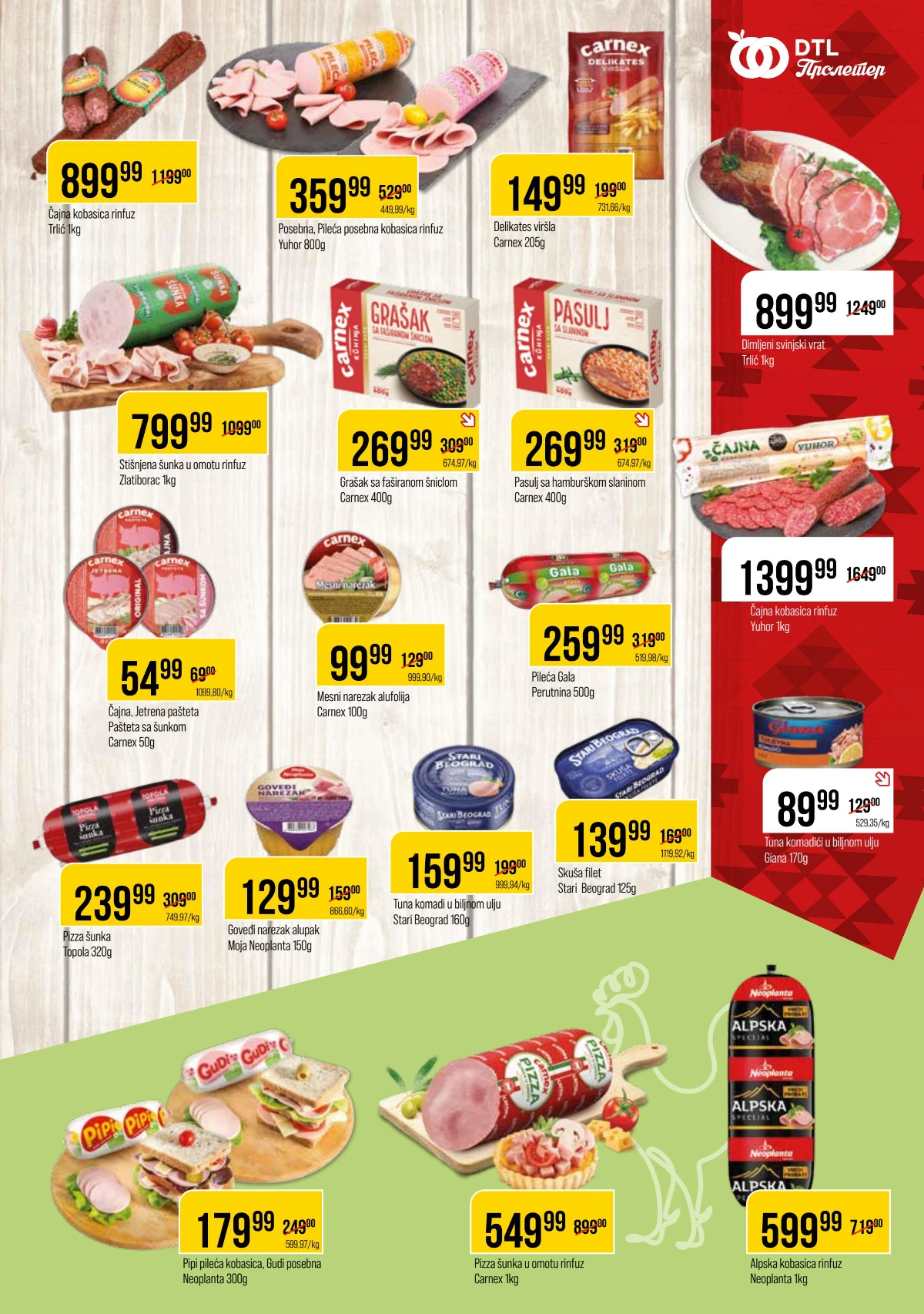 DTL Proleter katalog strana 5 – čajna kobasica, pileća kobasica, šunka, paštete, tuna i mesni narezak na akciji