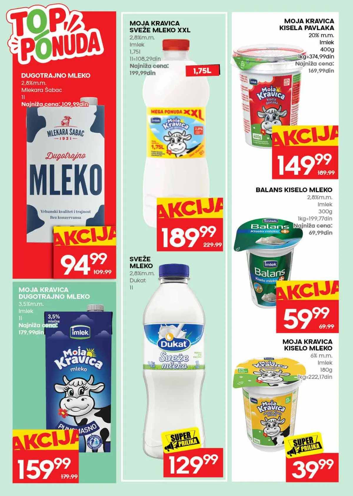 RODA katalog – strana 16: Mlekara Šabac dugotrajno mleko 2,8% m.m., 1 l; Moja Kravica sveže mleko XXL 2,8% m.m., 1,75 l